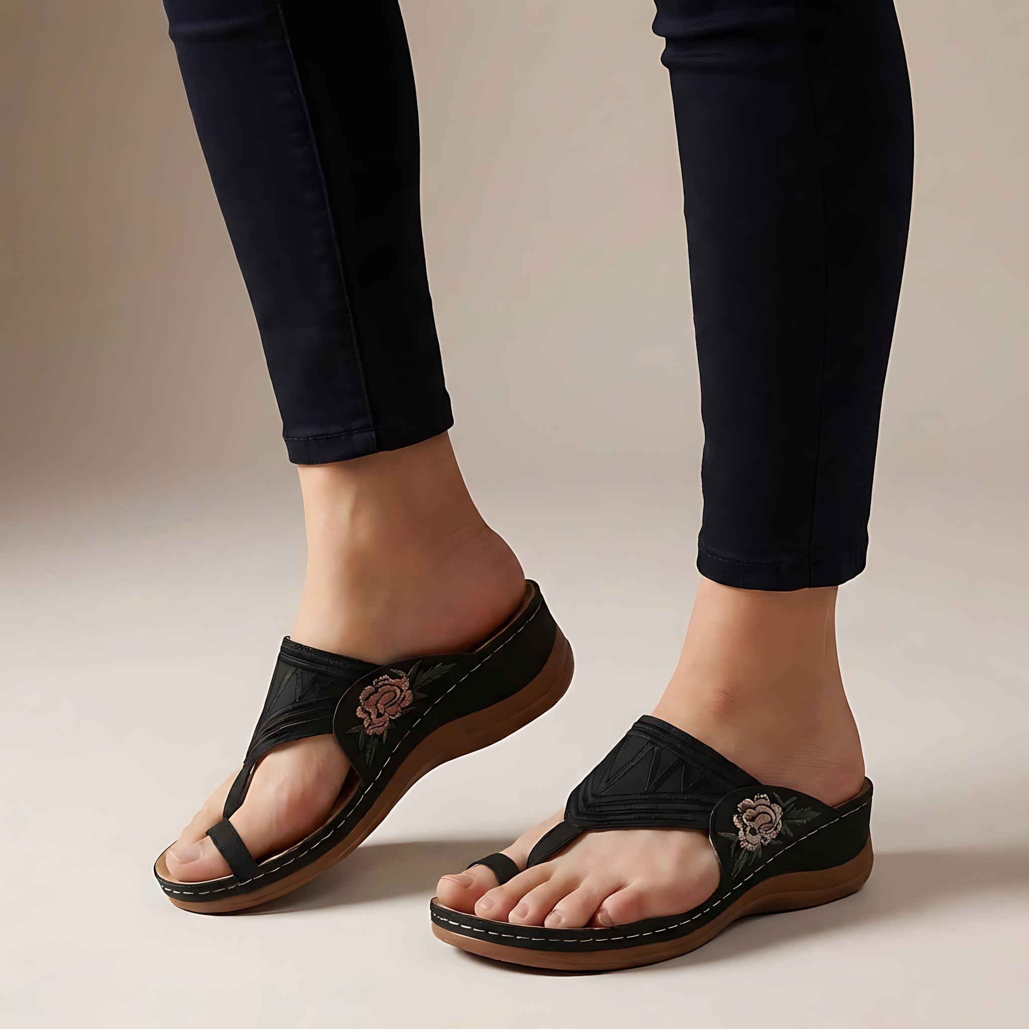 Gemma – Embroidered Thong Low Wedge Sandals