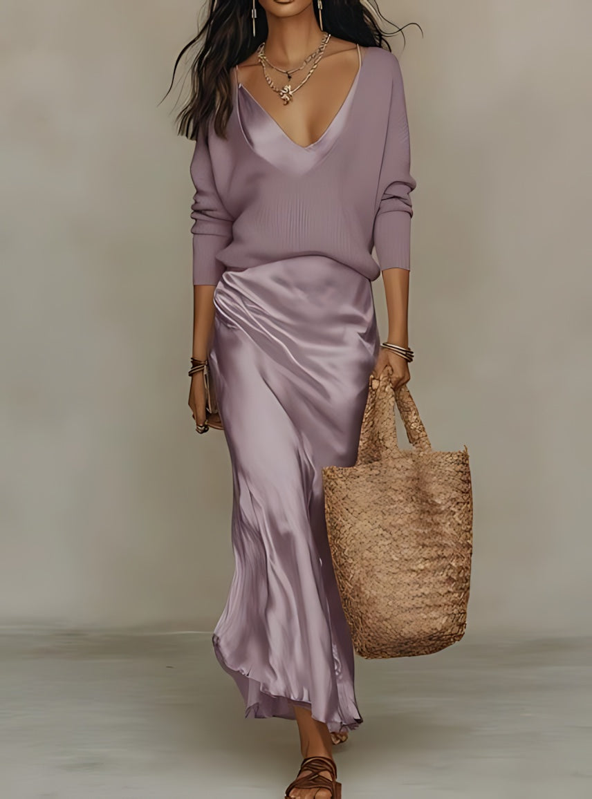 Gemma – Slip Midi Dress and V Neck Sweater Set