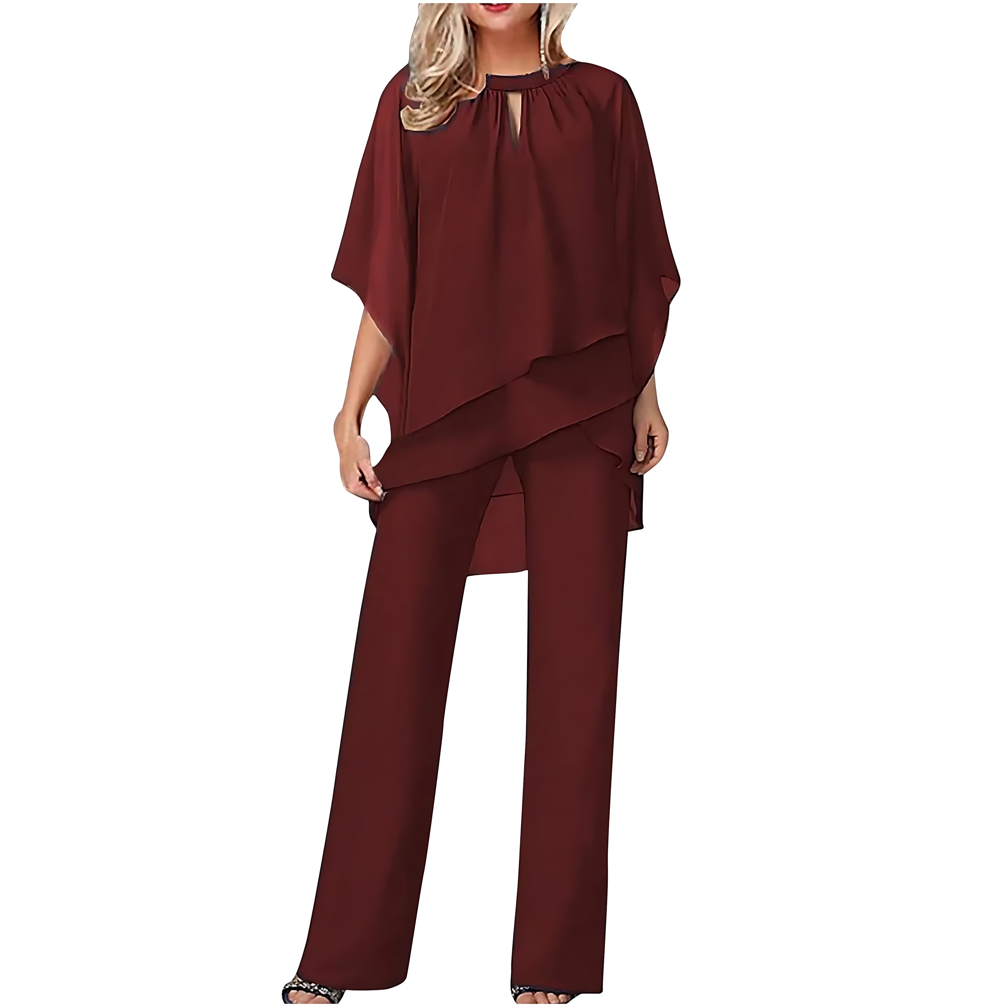 Genevieve – Chiffon Batwing Top And Wide Leg Pants Formal Set