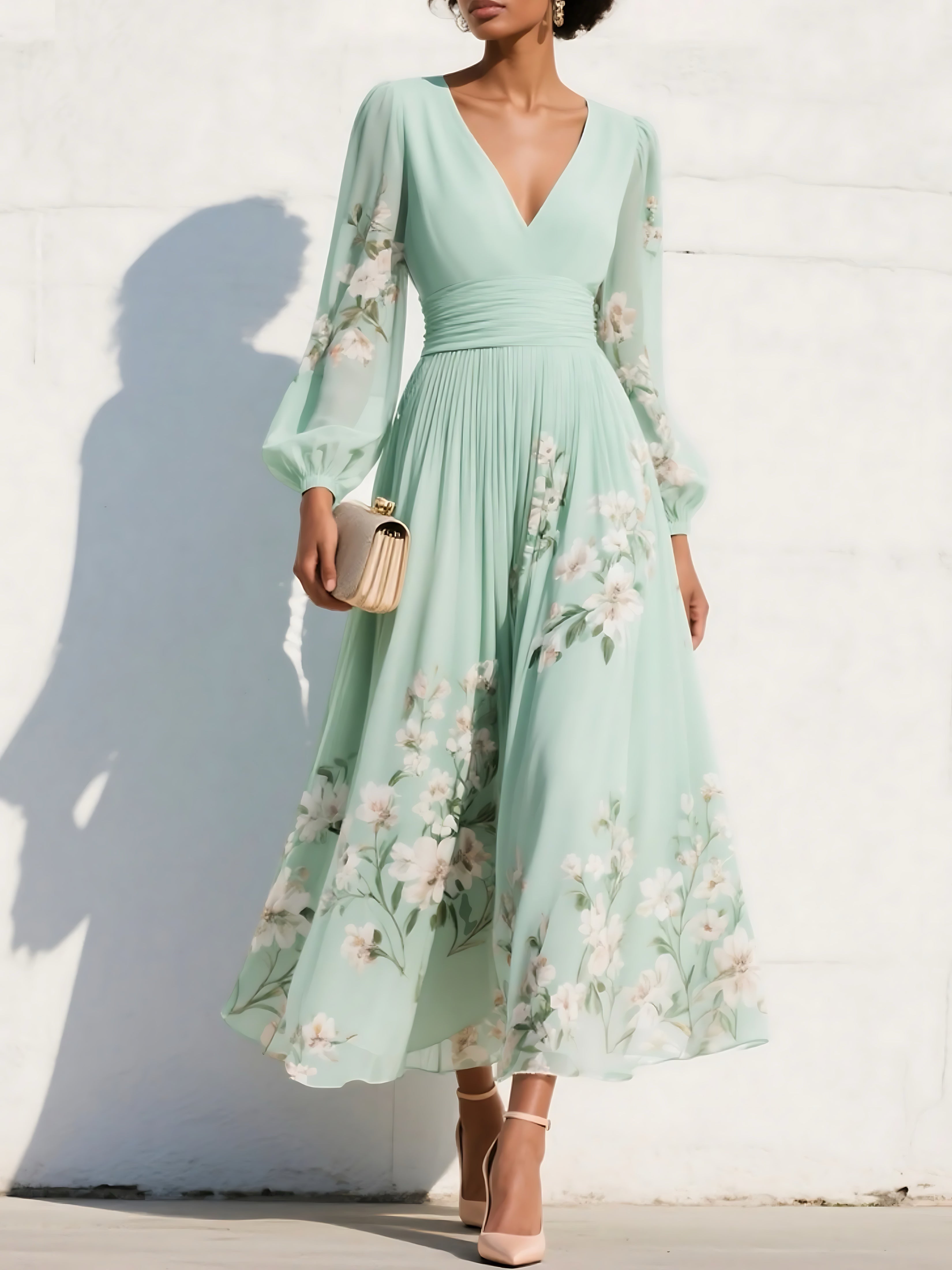 Genevieve – Floral V Neck Bell Sleeve Midi Dress