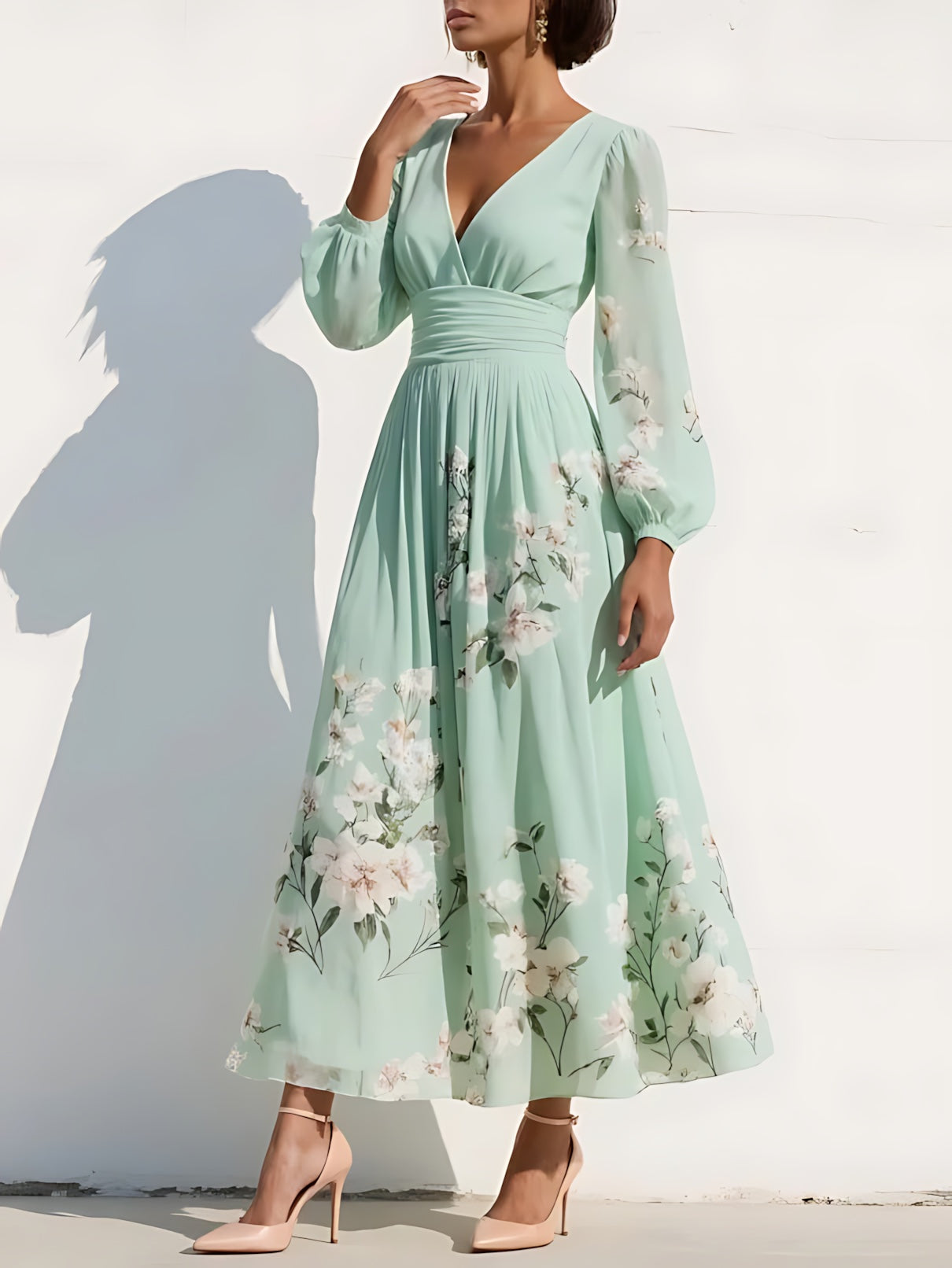 Genevieve – Floral V Neck Bell Sleeve Midi Dress