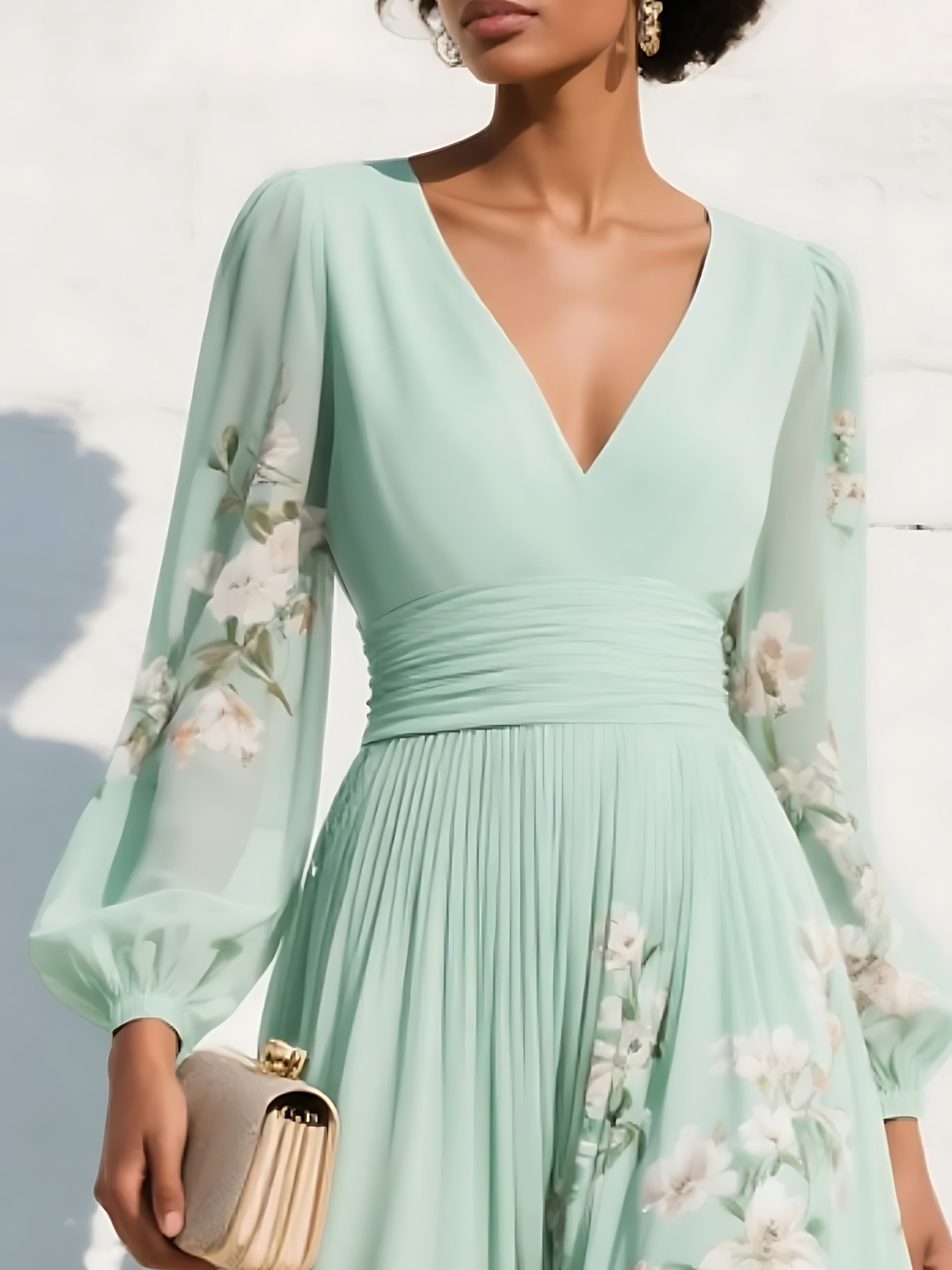 Genevieve – Floral V Neck Bell Sleeve Midi Dress