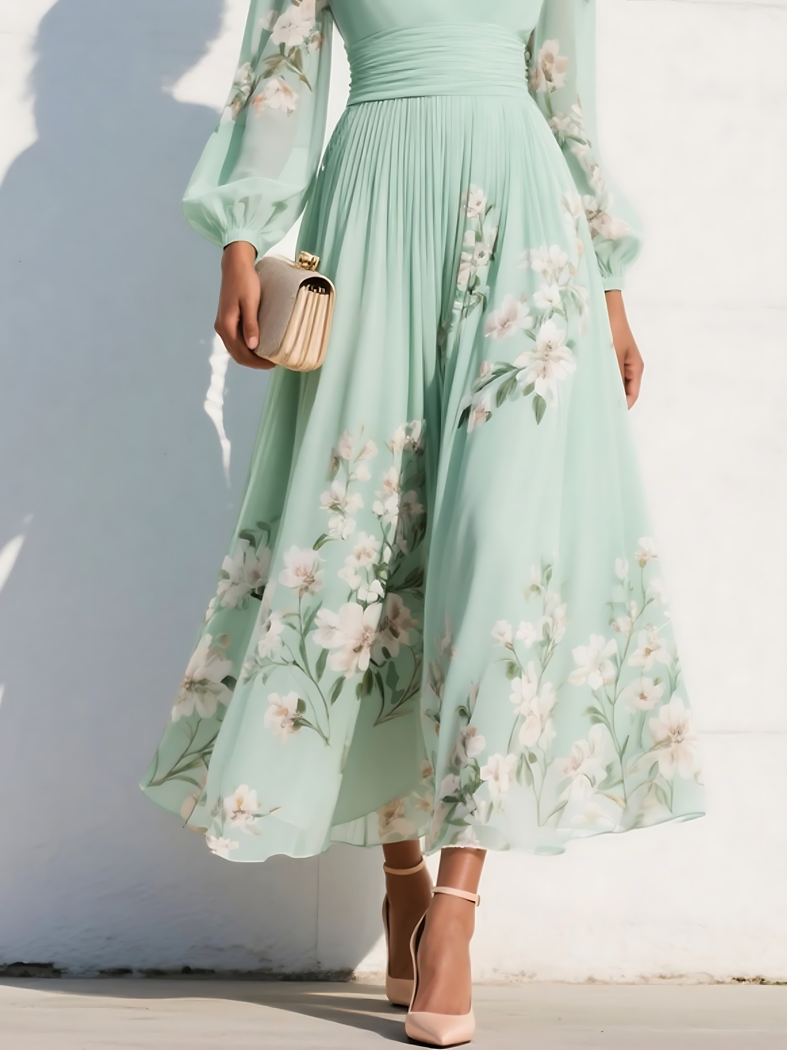 Genevieve – Floral V Neck Bell Sleeve Midi Dress