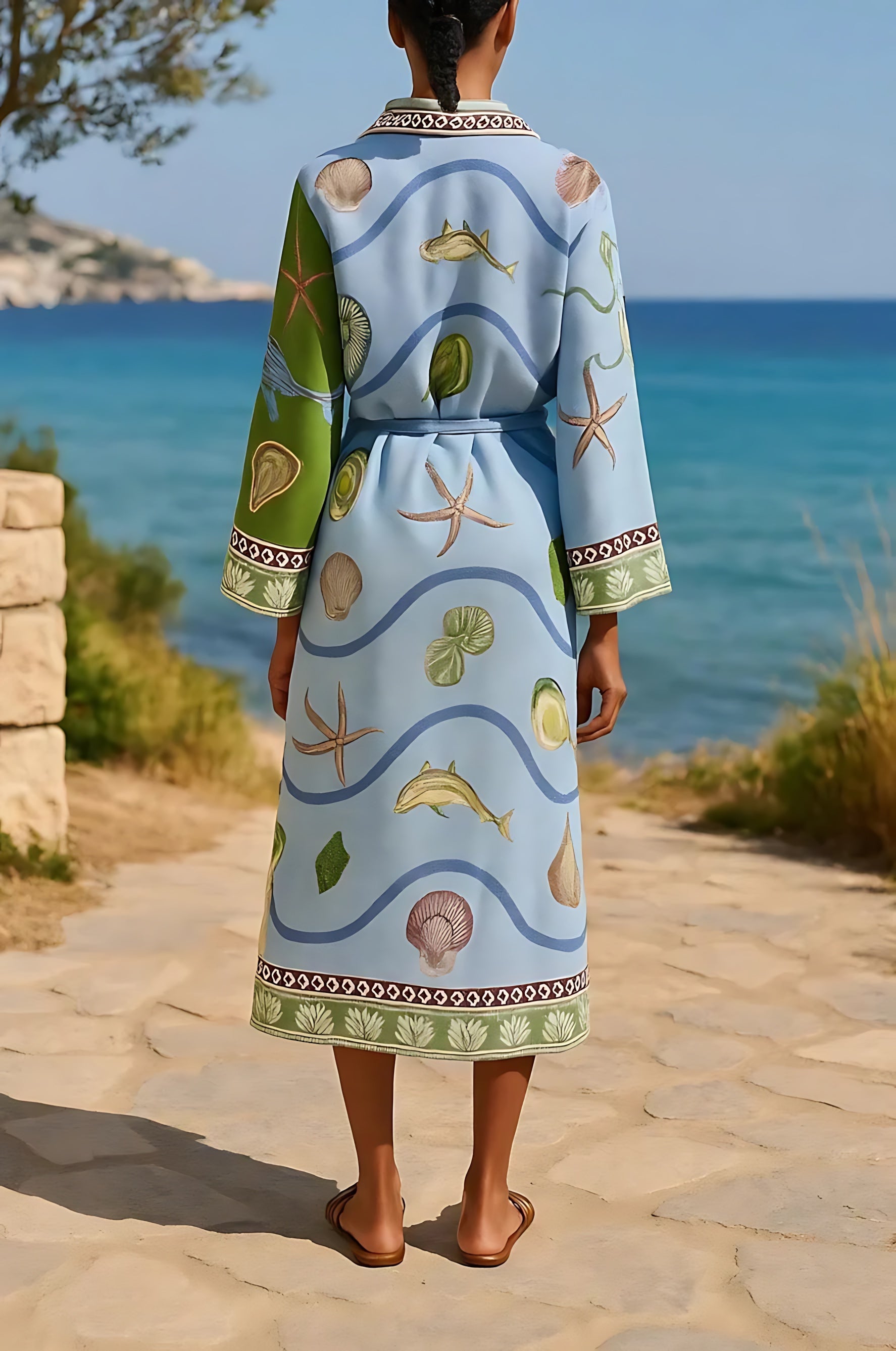 Genevieve – Tropical Print 3/4 Sleeve Midi Shirt Dress