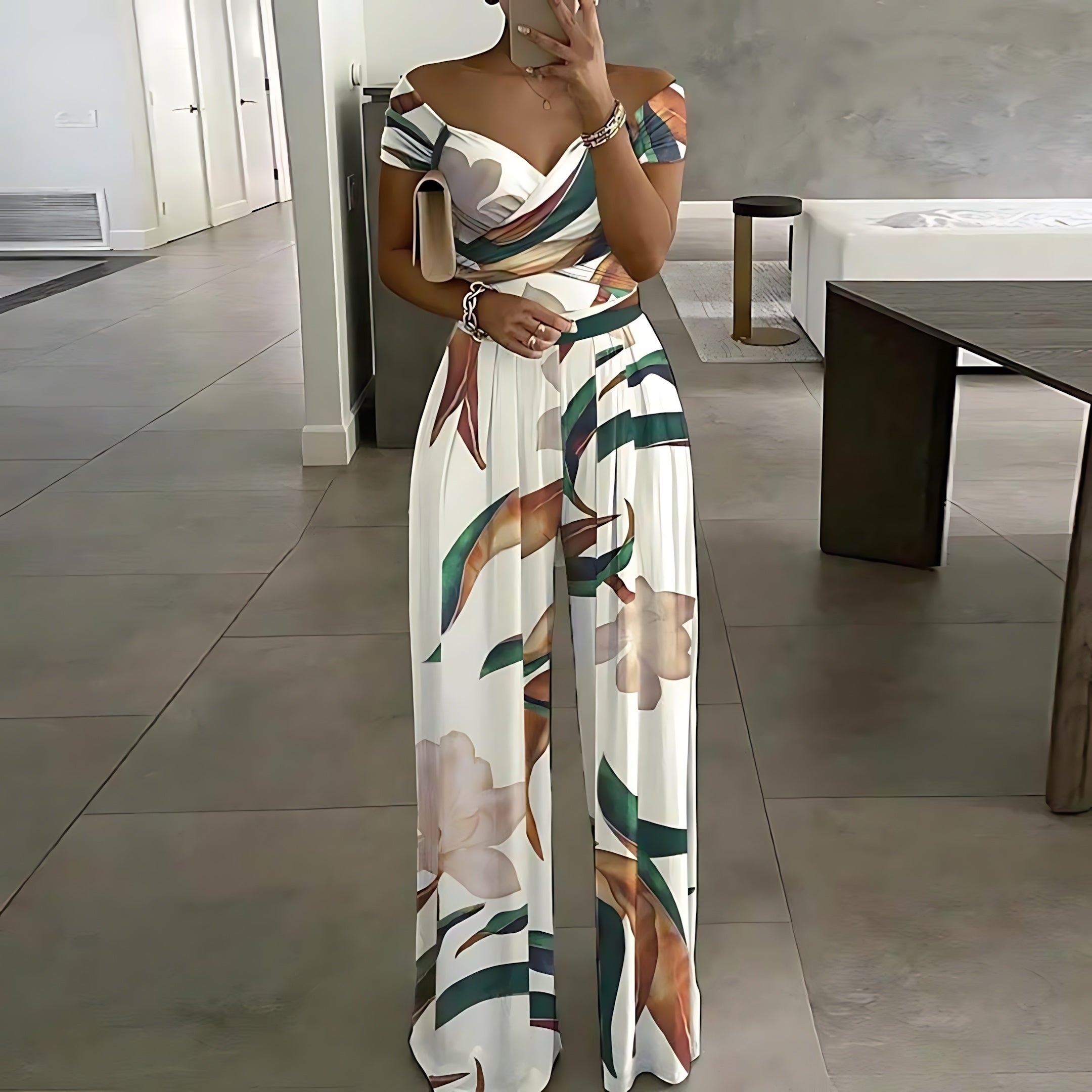 Georgia – Tropical Print Off Shoulder Wide Leg Jumpsuit