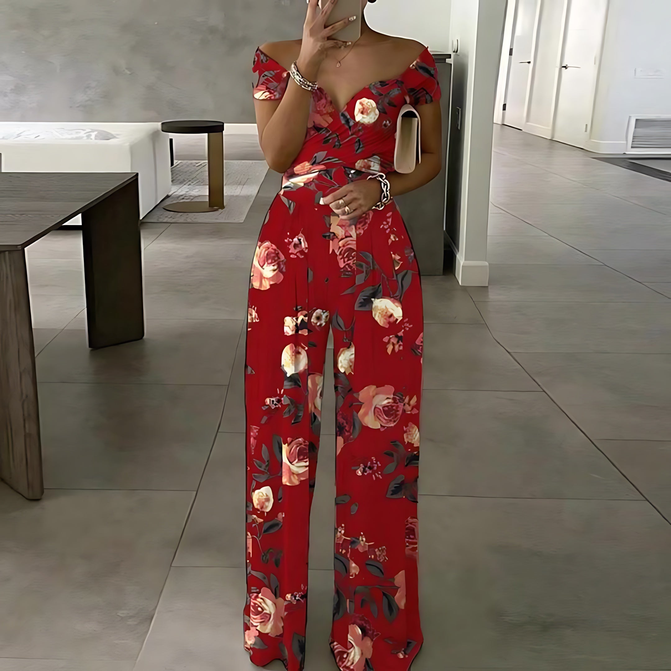Georgia – Tropical Print Off Shoulder Wide Leg Jumpsuit
