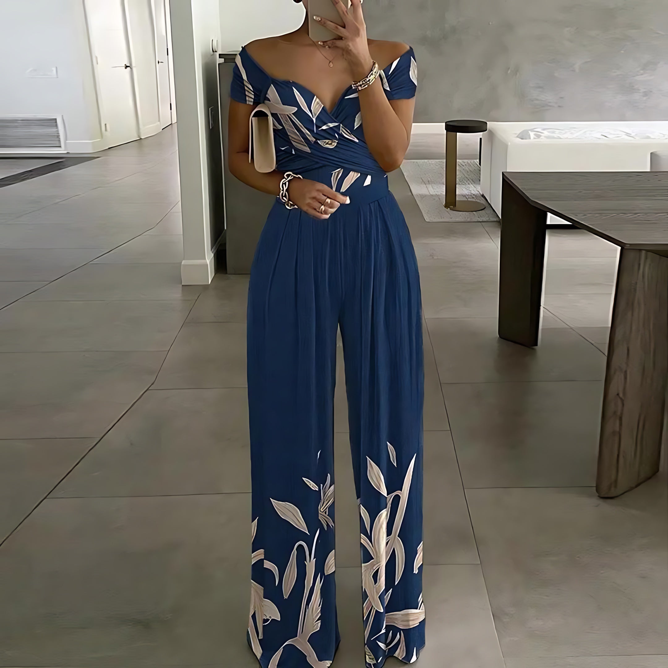 Georgia – Tropical Print Off Shoulder Wide Leg Jumpsuit