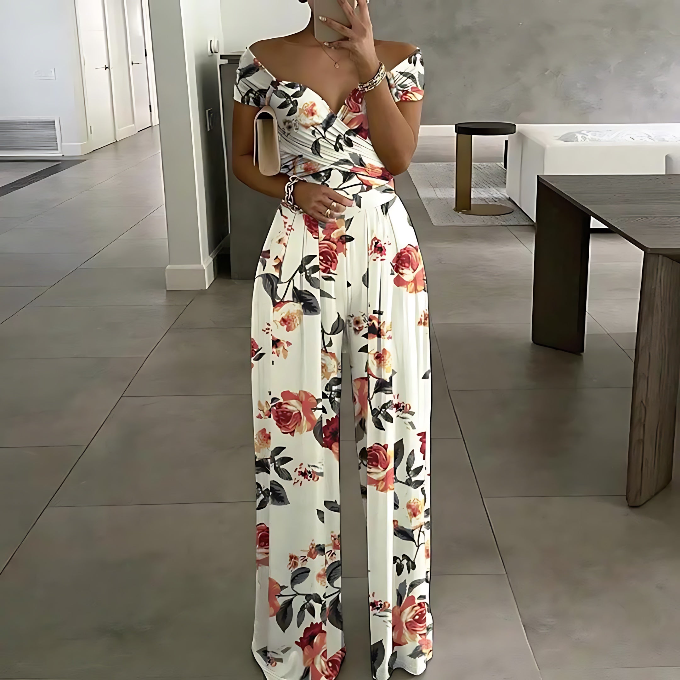 Georgia – Tropical Print Off Shoulder Wide Leg Jumpsuit