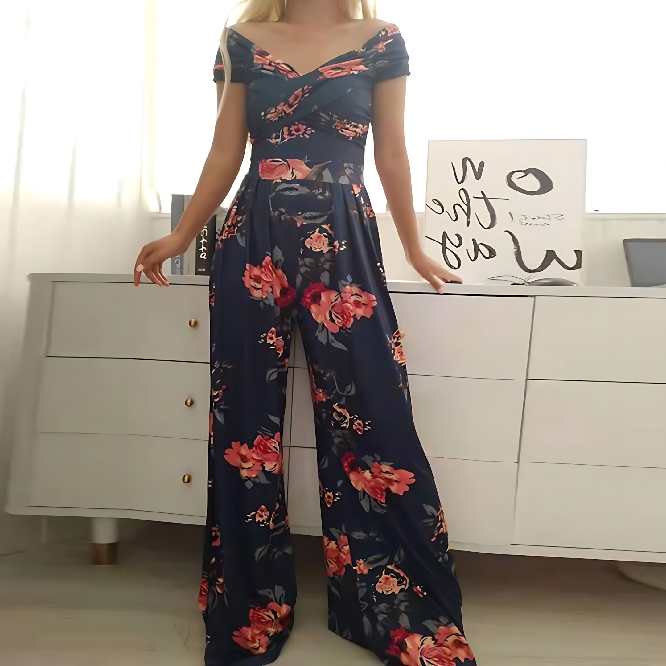 Georgia – Tropical Print Off Shoulder Wide Leg Jumpsuit