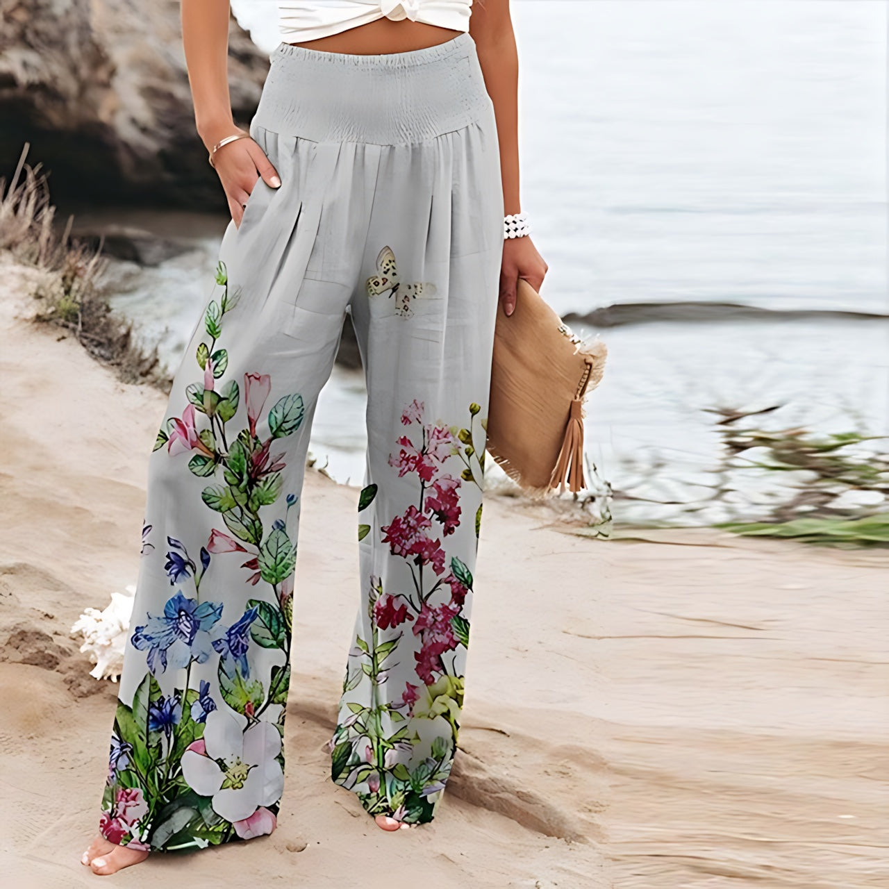 Gianna – Floral Print Smocked Waist Summer Pants