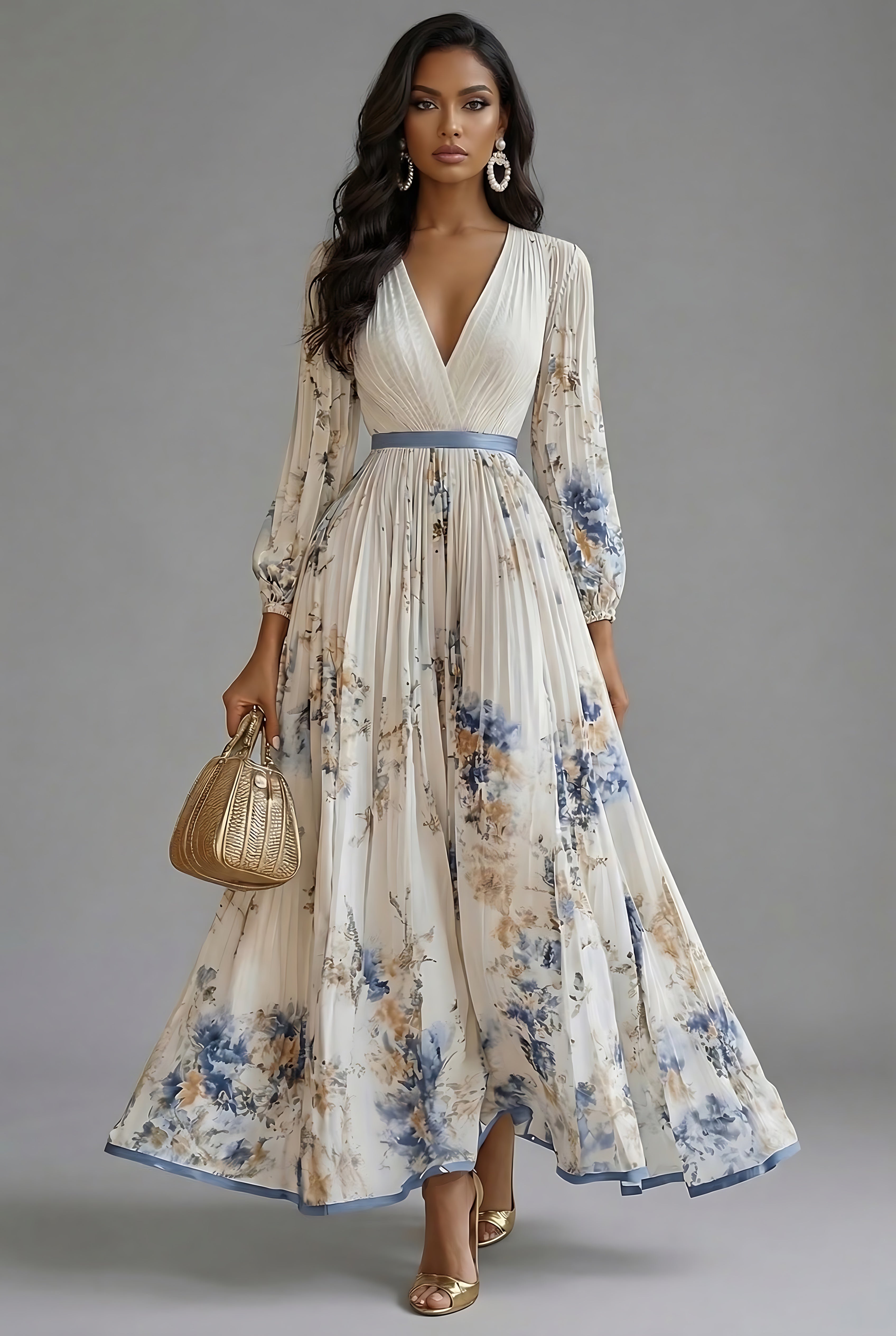 Gianna – Floral Print V Neck Long Sleeve Maxi Dress