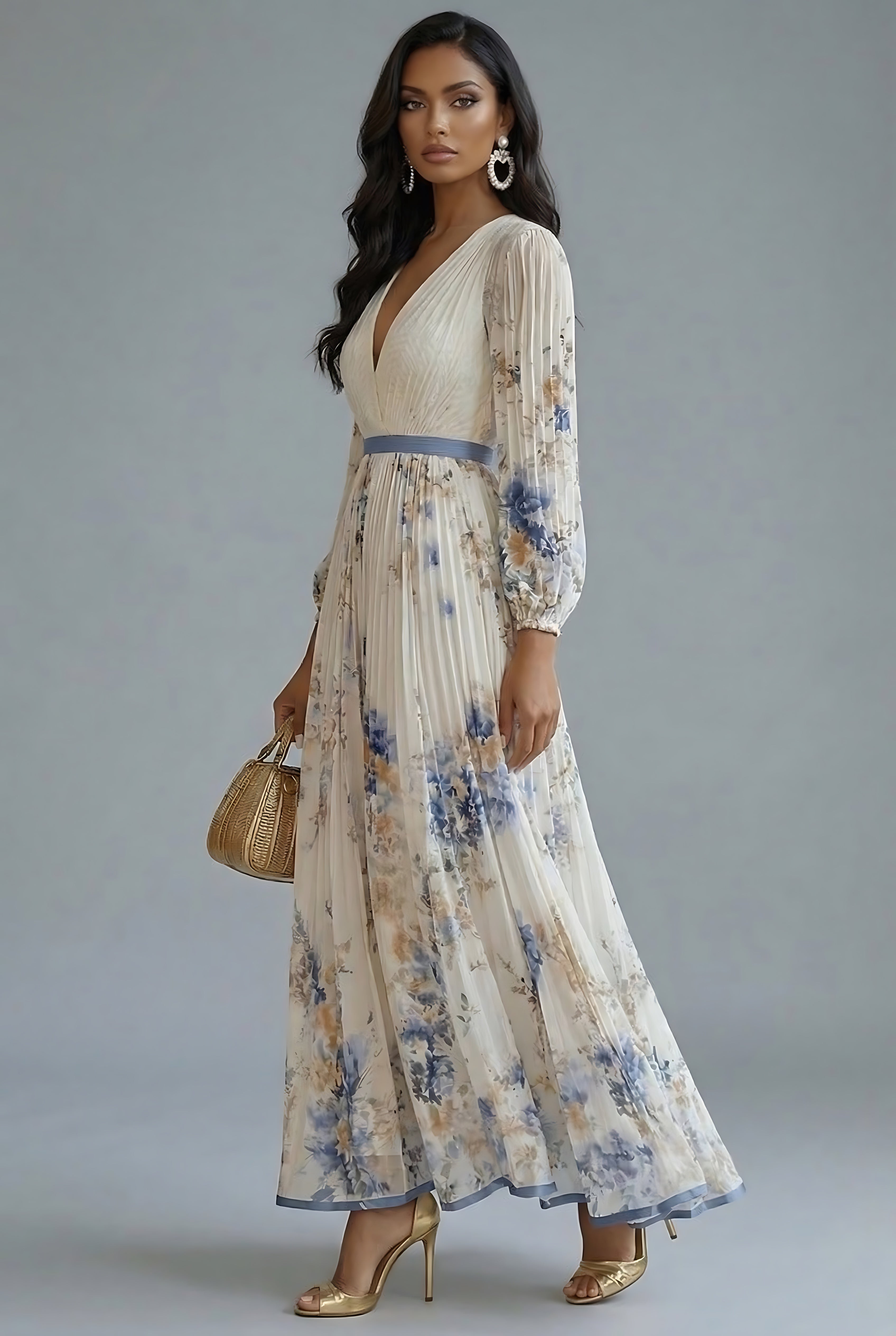 Gianna – Floral Print V Neck Long Sleeve Maxi Dress