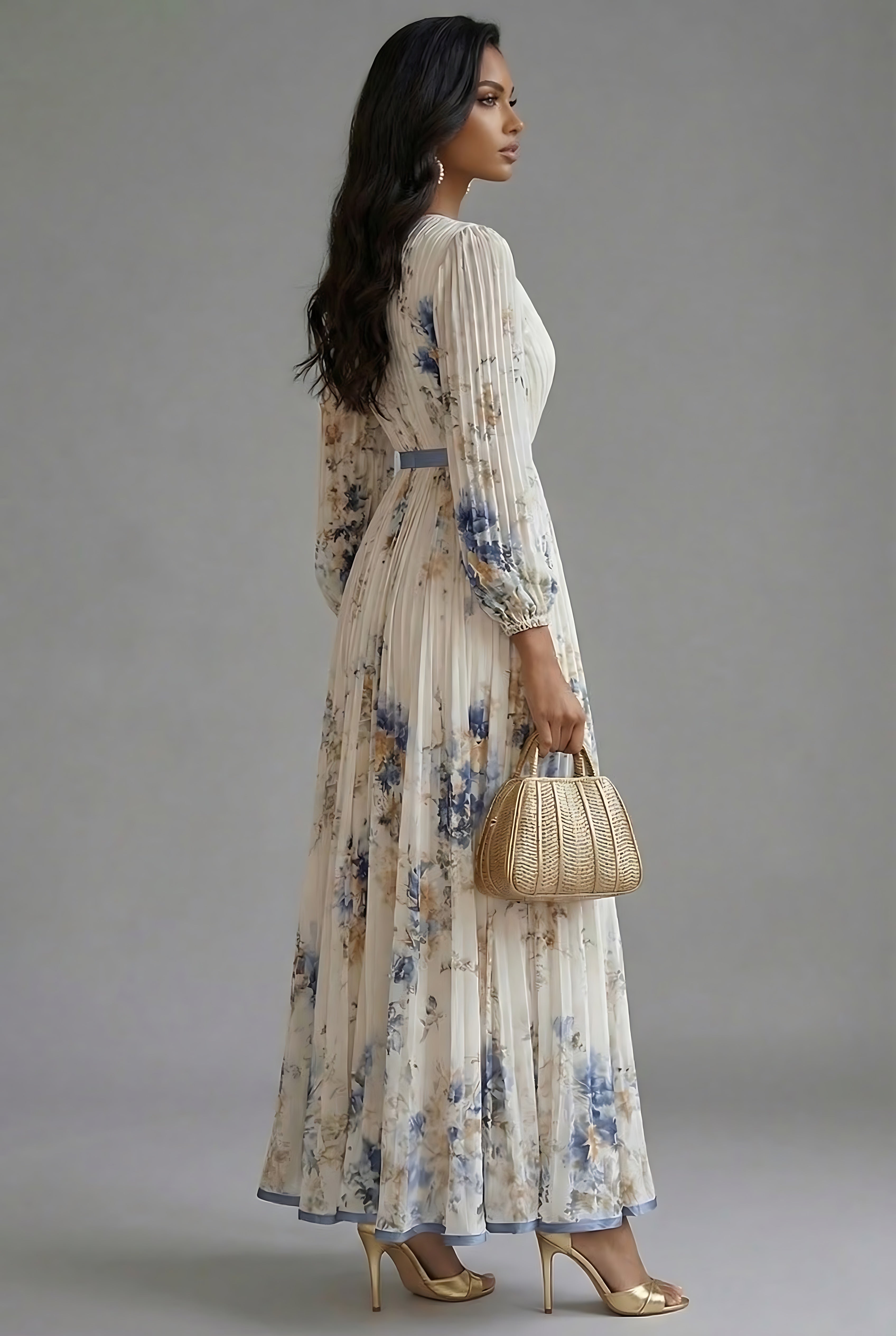 Gianna – Floral Print V Neck Long Sleeve Maxi Dress