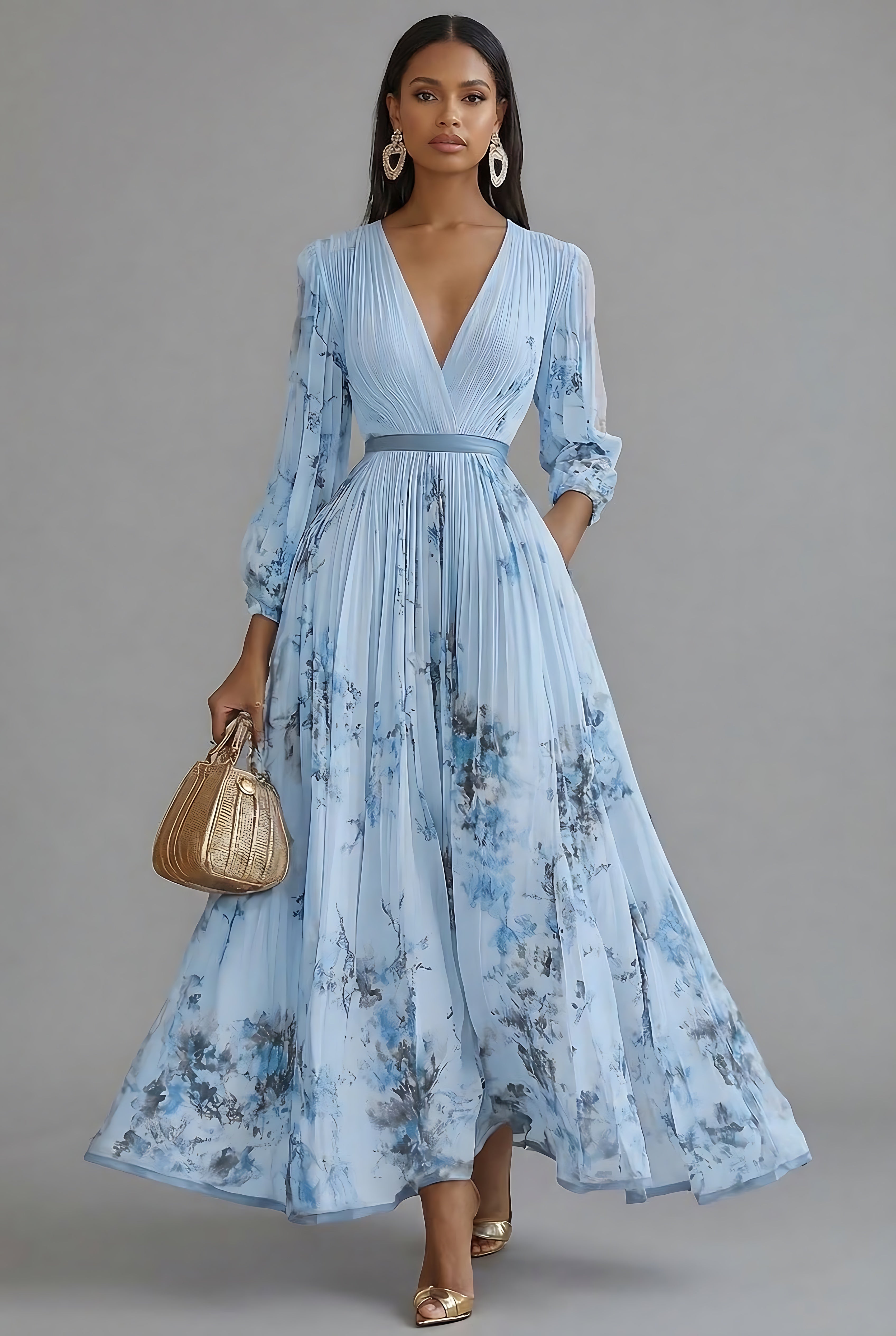 Gianna – Floral Print V Neck Long Sleeve Maxi Dress
