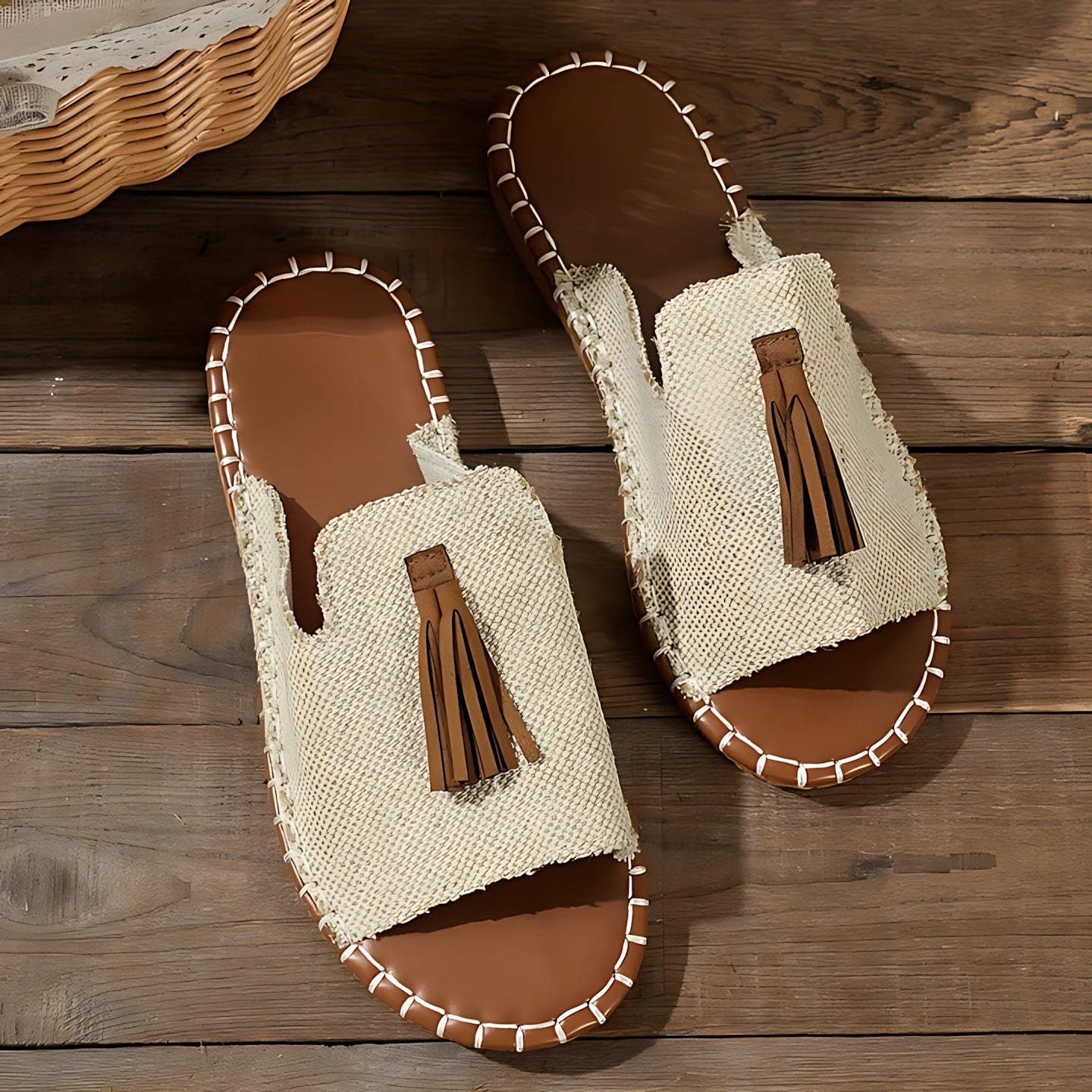 Grace – Boho Embroidered Tassel Slide Sandals