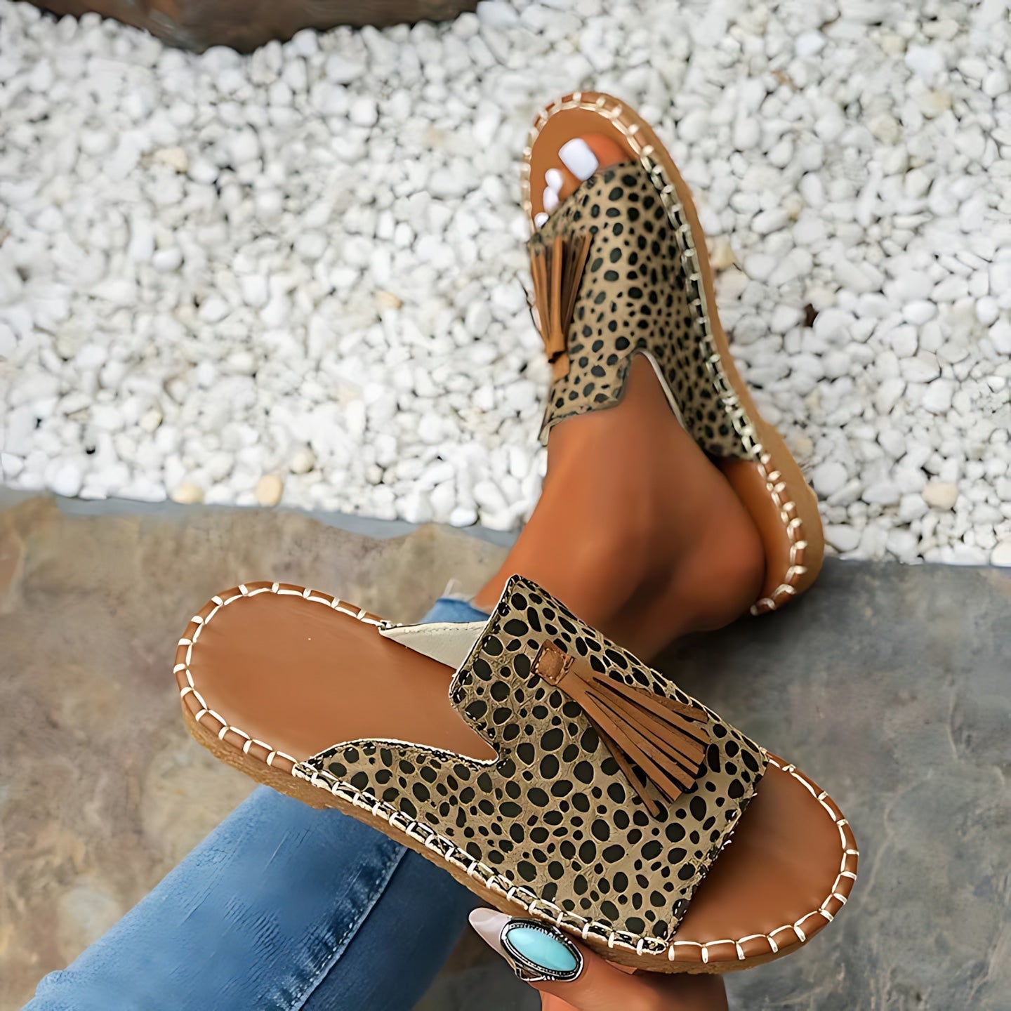 Grace – Boho Embroidered Tassel Slide Sandals