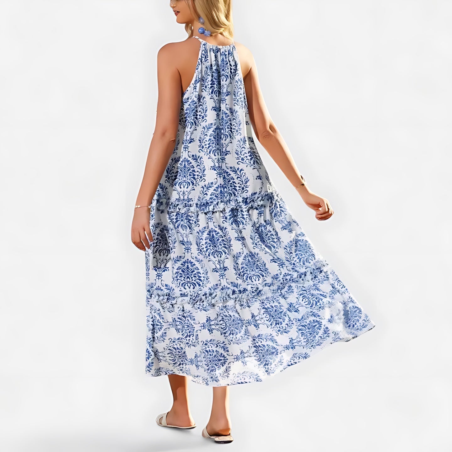 Grace – Boho Print Halter Tiered Midi Dress