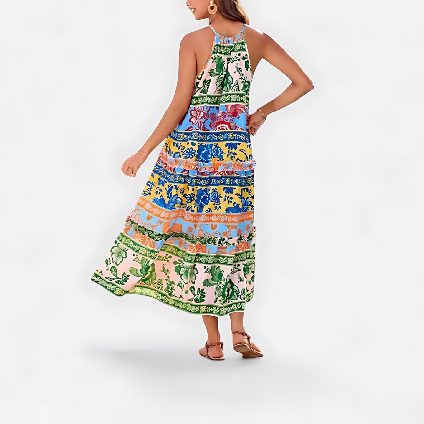 Grace – Boho Print Halter Tiered Midi Dress