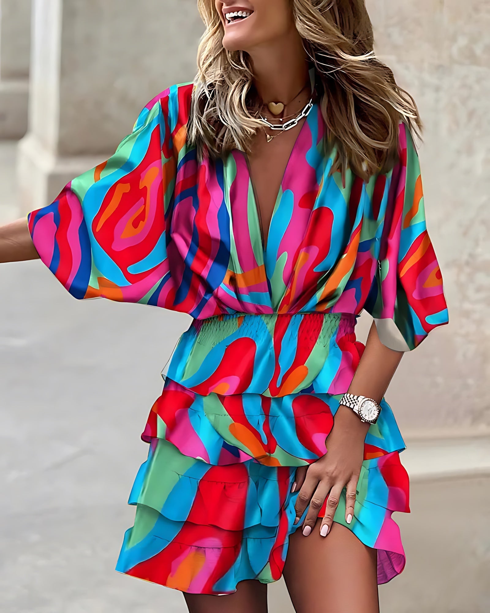 Grace – Leaf Print V Neck Smocked Ruffle Mini Dress