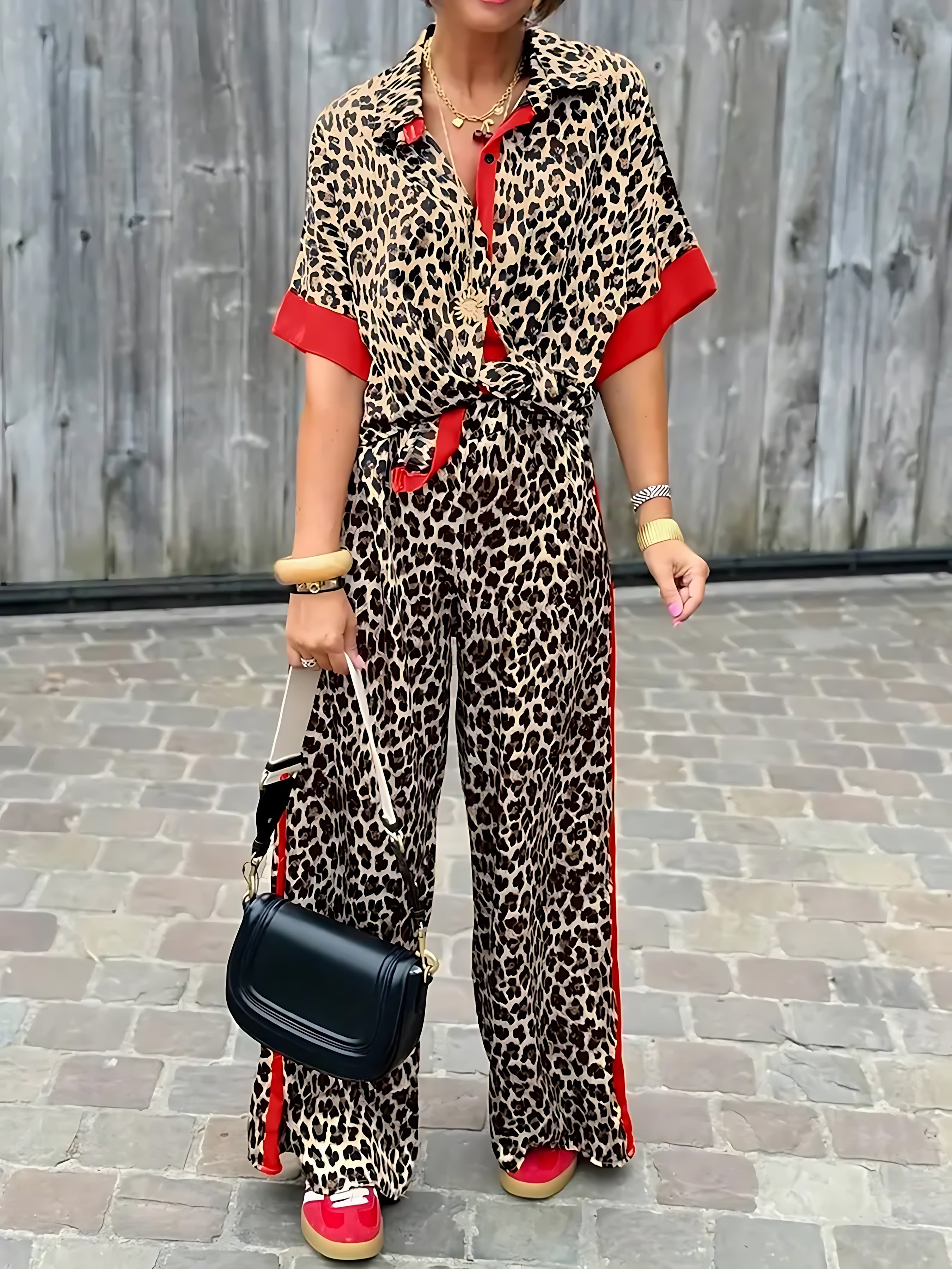 Grace – Leopard Print Shirt and Wide Leg Pants Set