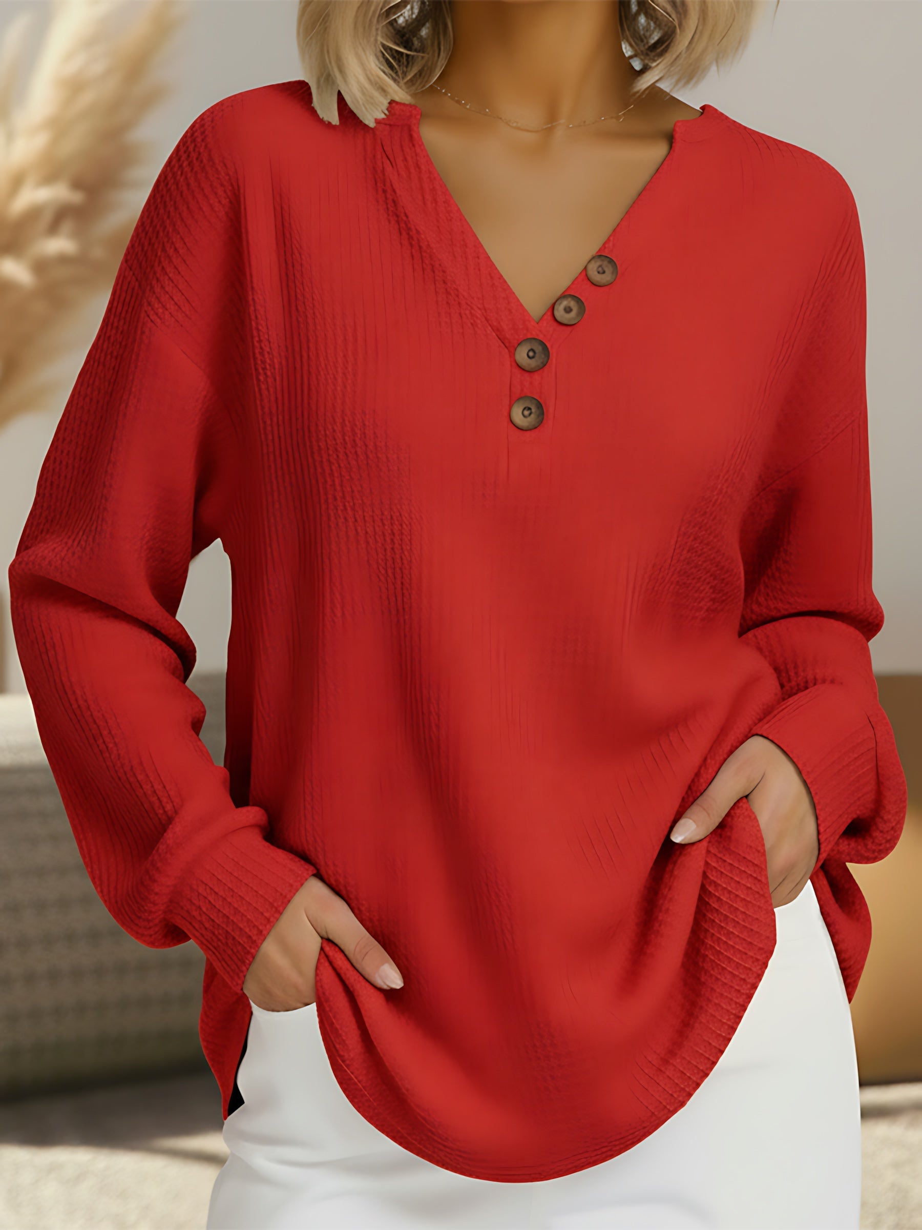 Grace – V Neck Button Front Knit Top