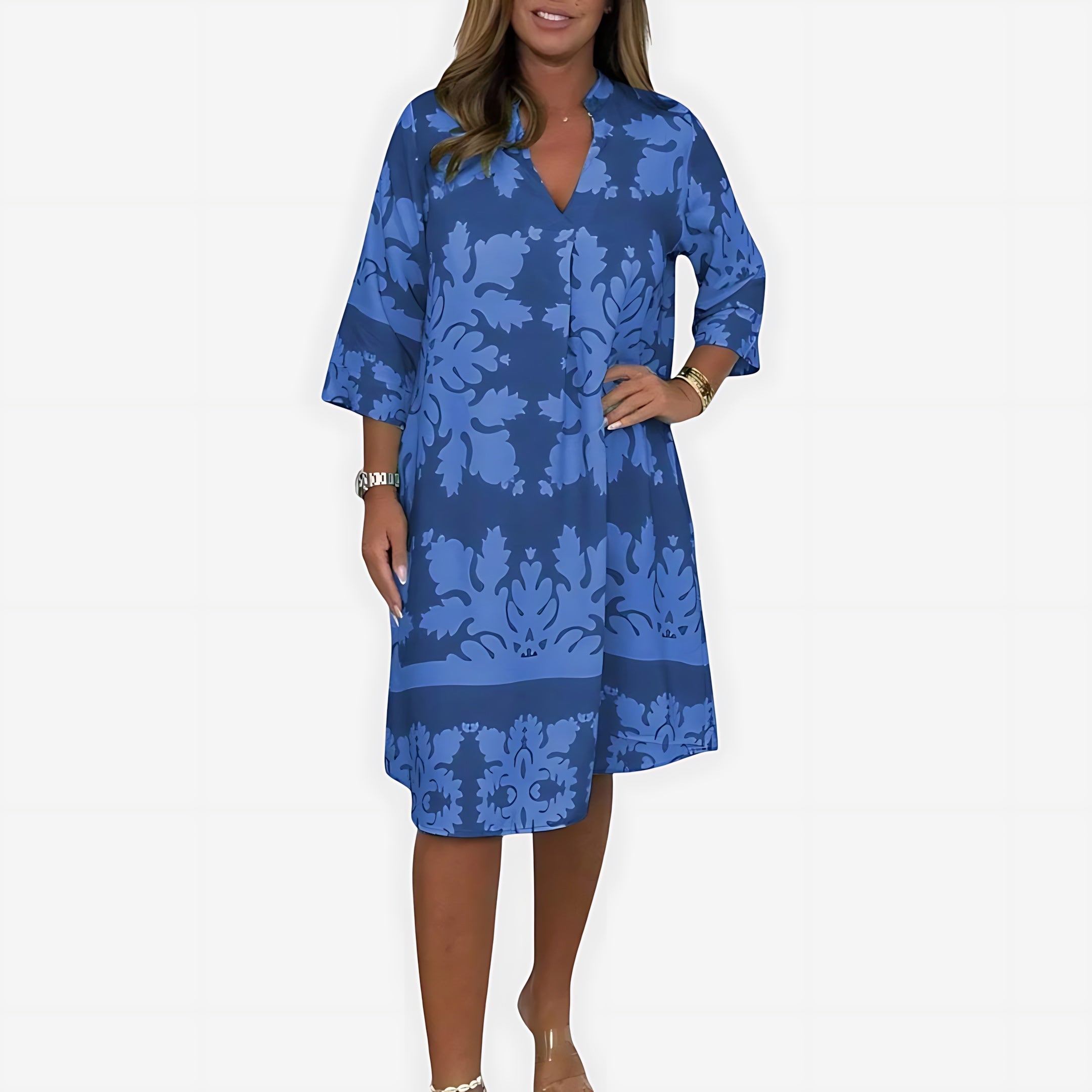 Hadley – Boho Print V Neck Flowy Midi Dress