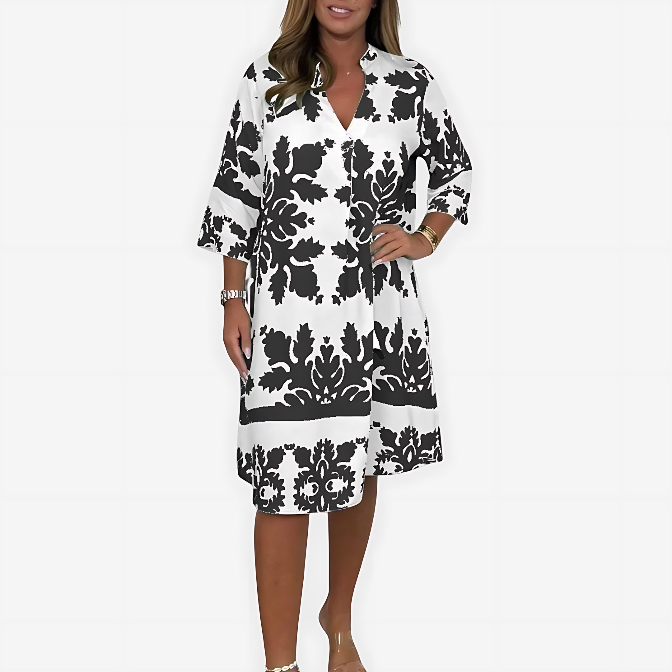 Hadley – Boho Print V Neck Flowy Midi Dress