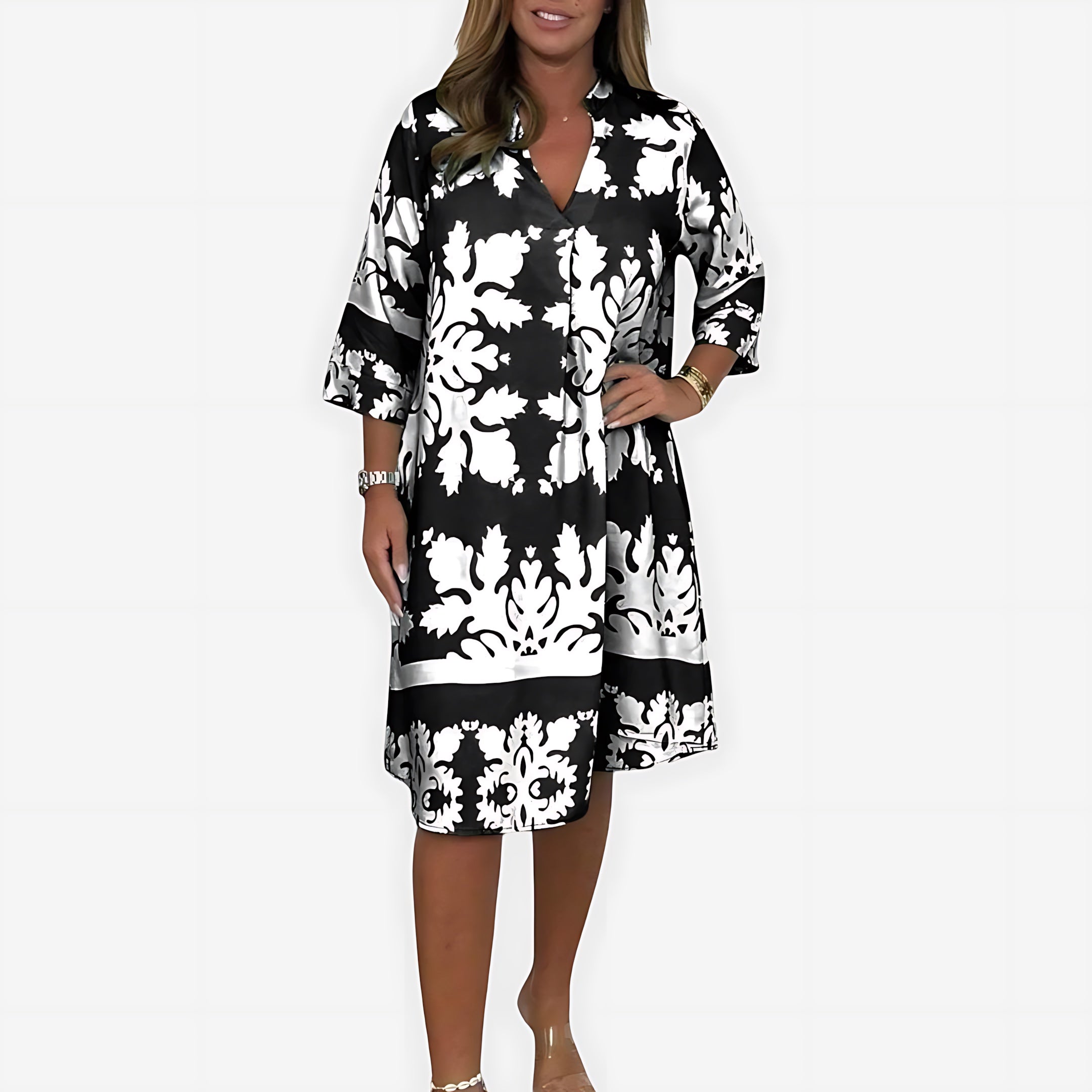 Hadley – Boho Print V Neck Flowy Midi Dress