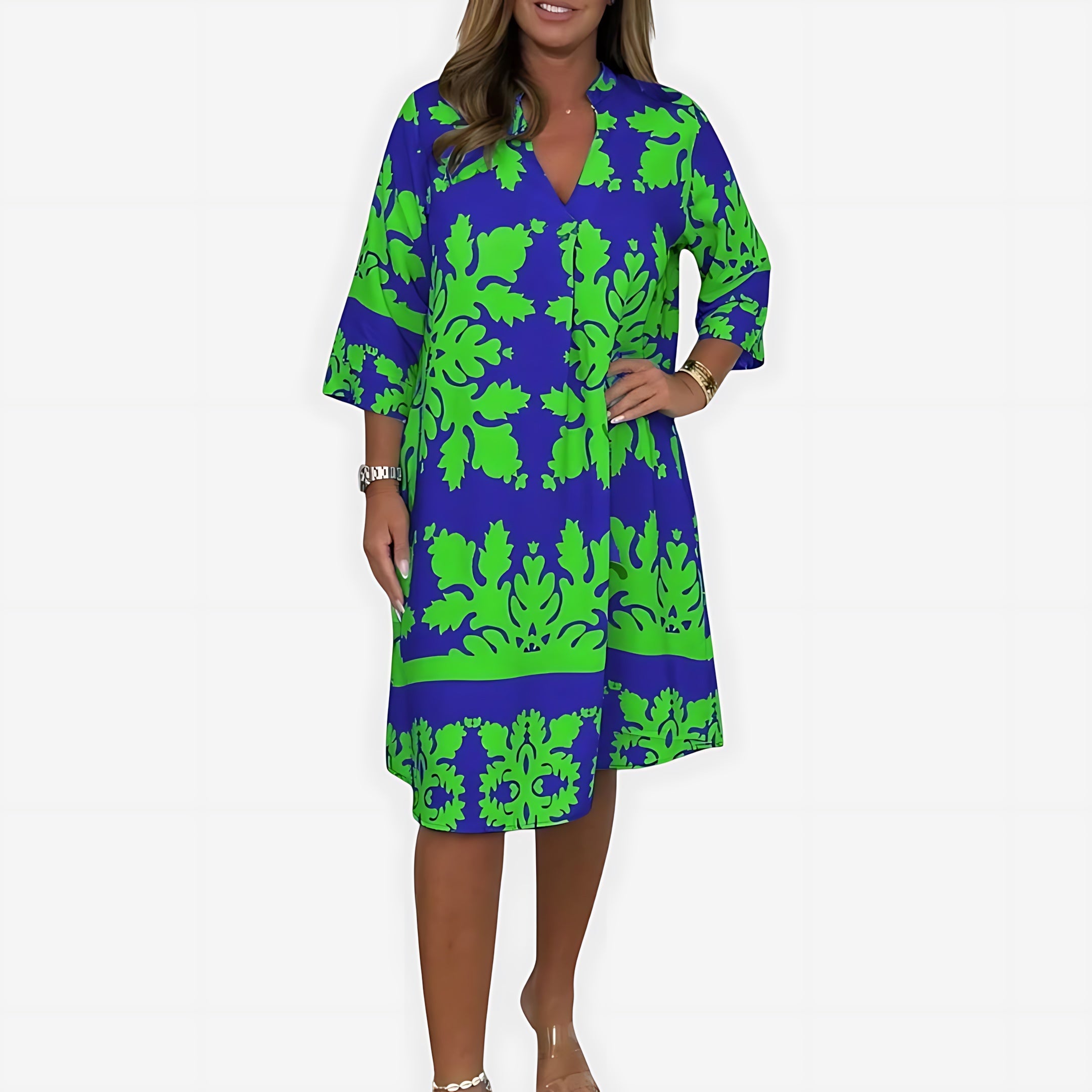 Hadley – Boho Print V Neck Flowy Midi Dress