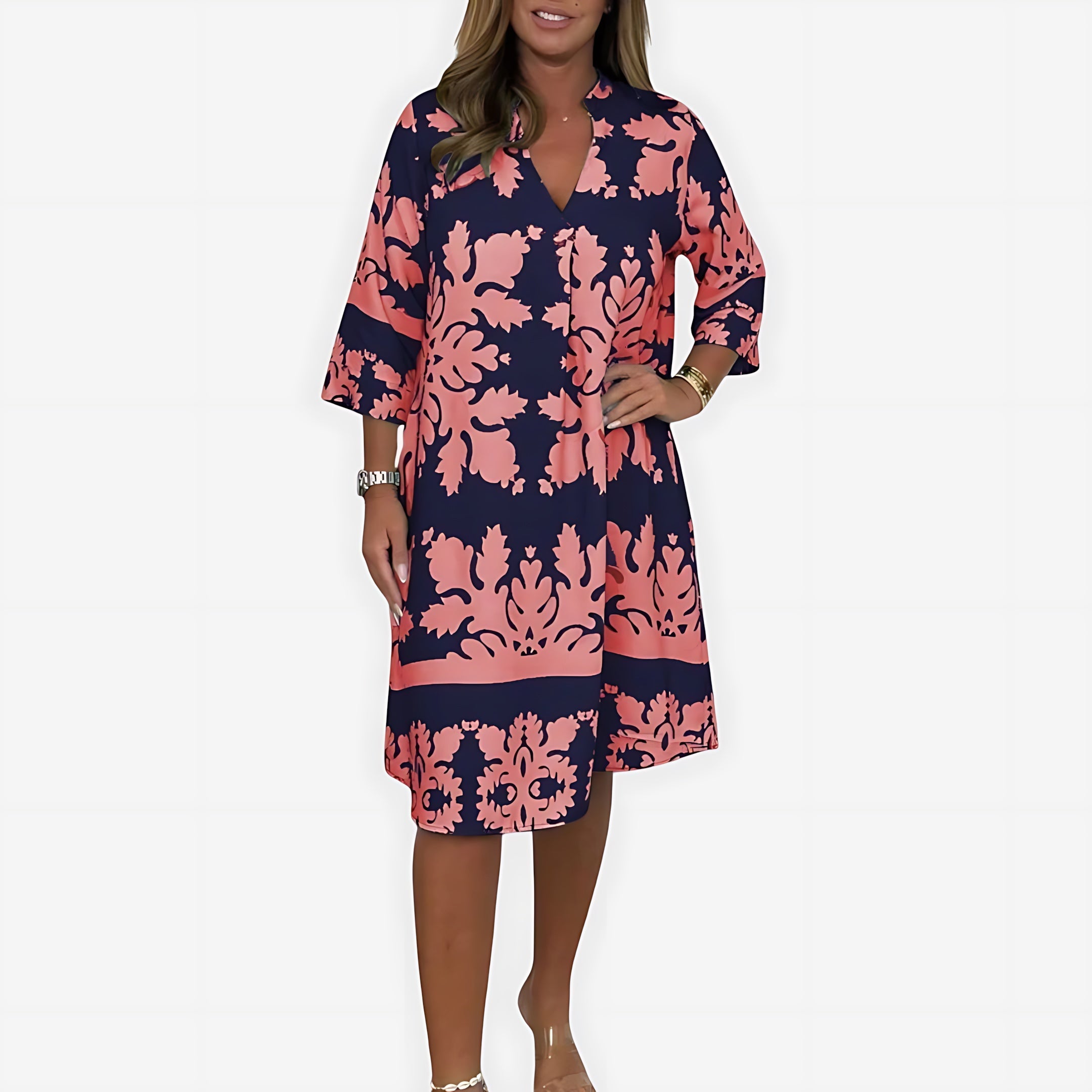 Hadley – Boho Print V Neck Flowy Midi Dress