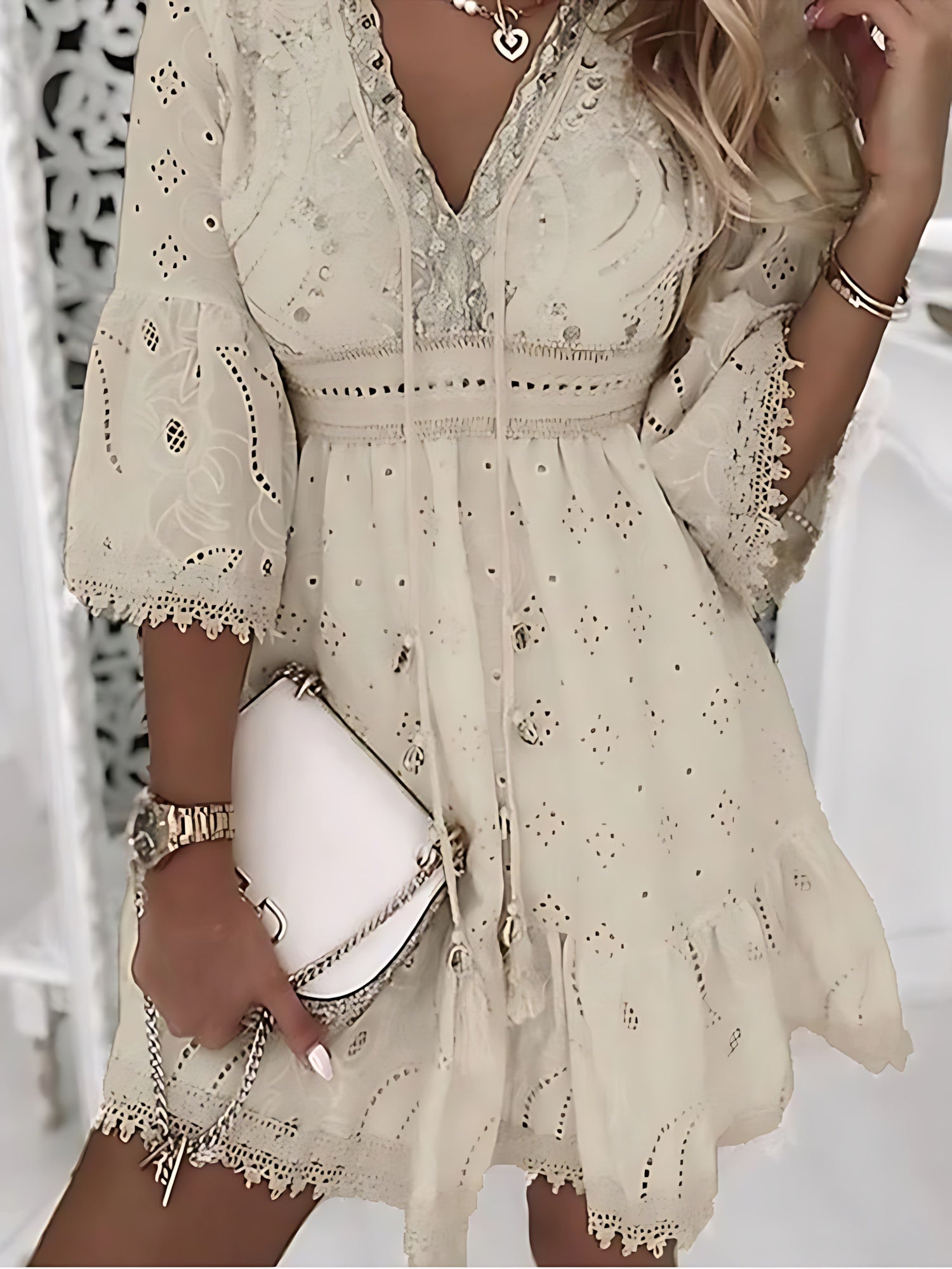 Hadley – Eyelet Lace Bell Sleeve Boho Mini Dress