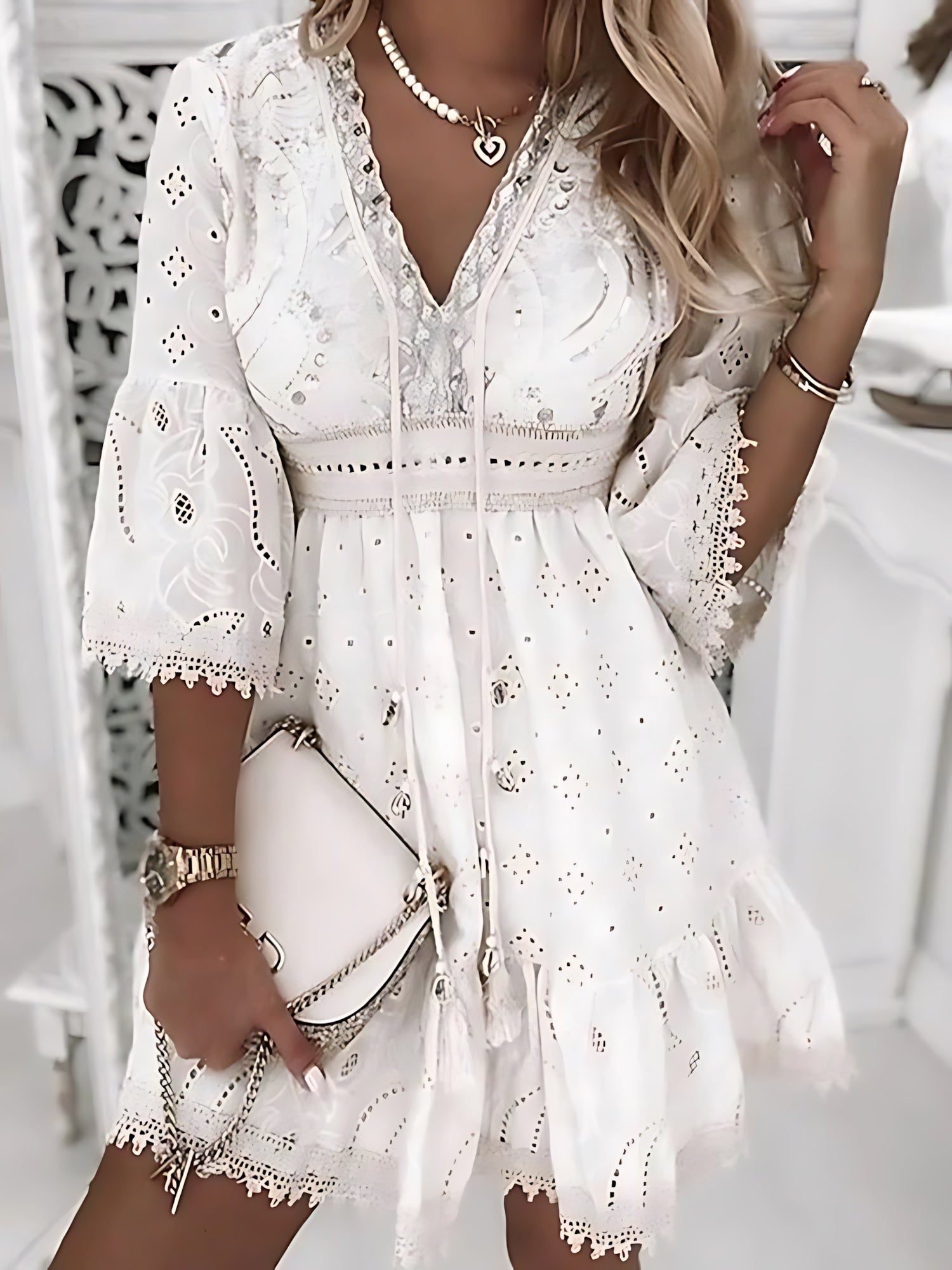 Hadley – Eyelet Lace Bell Sleeve Boho Mini Dress