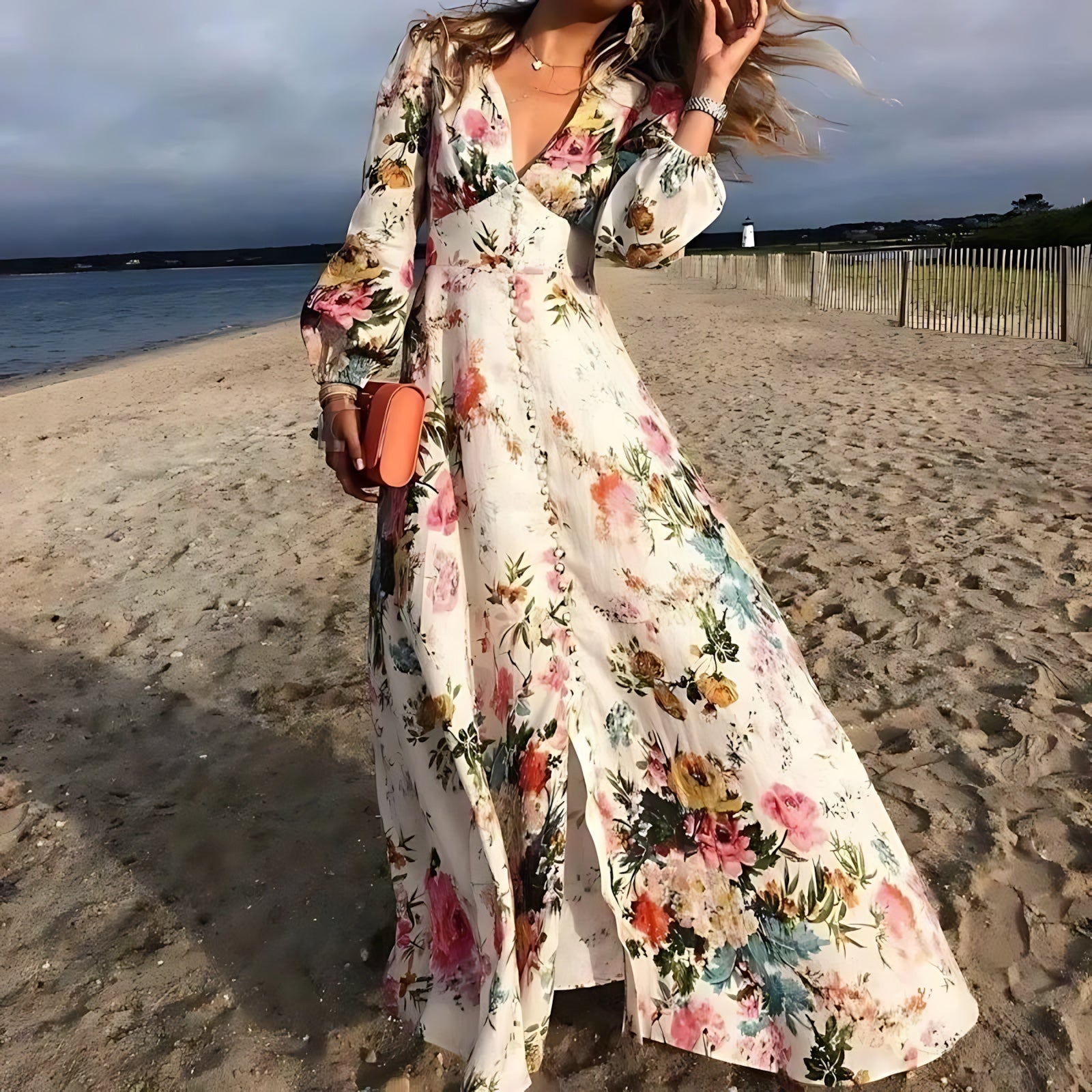 Hadley – Floral Wrap V Neck Long Sleeve Maxi Dress