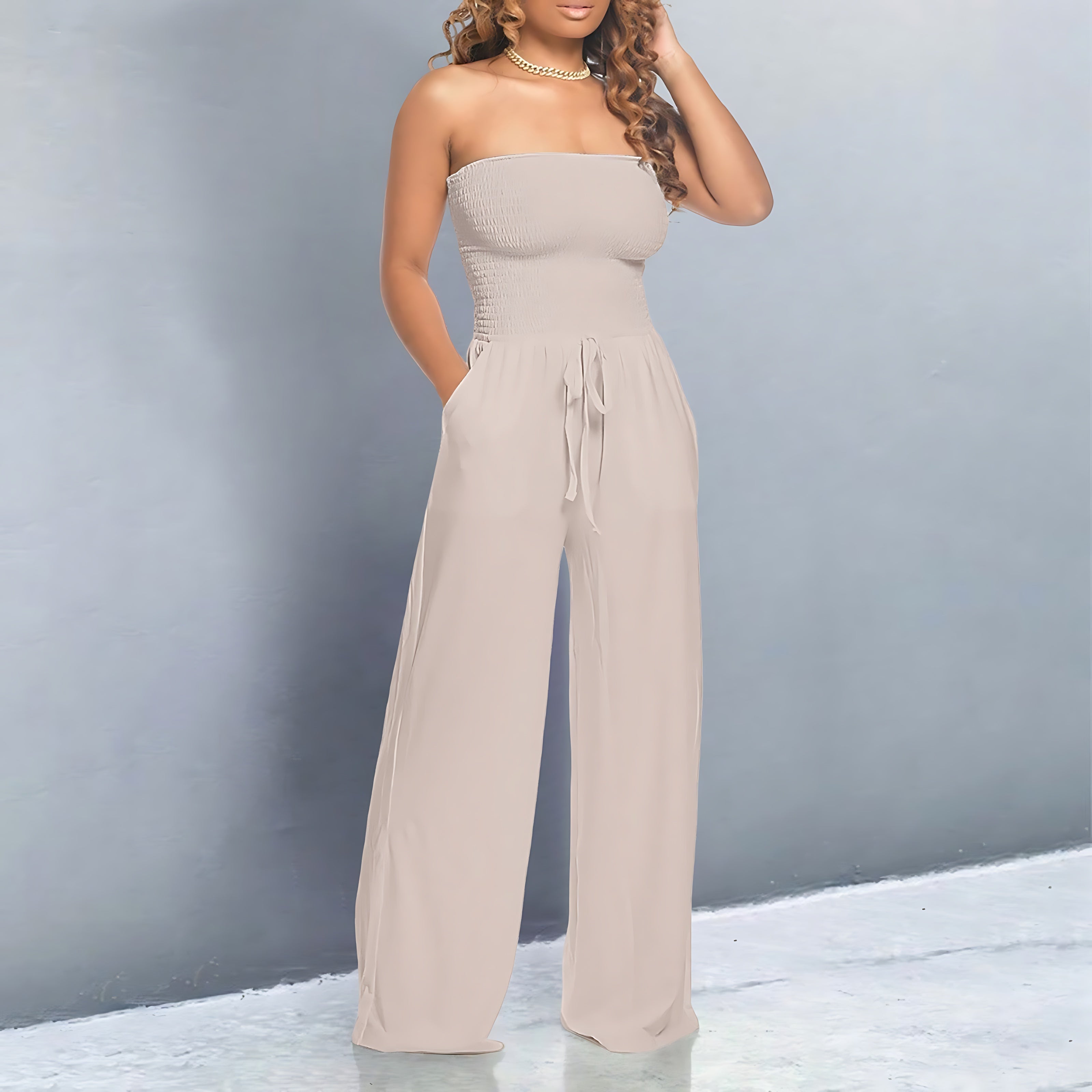 Hadley – Strapless Smocked Wide Leg Jumpsuit