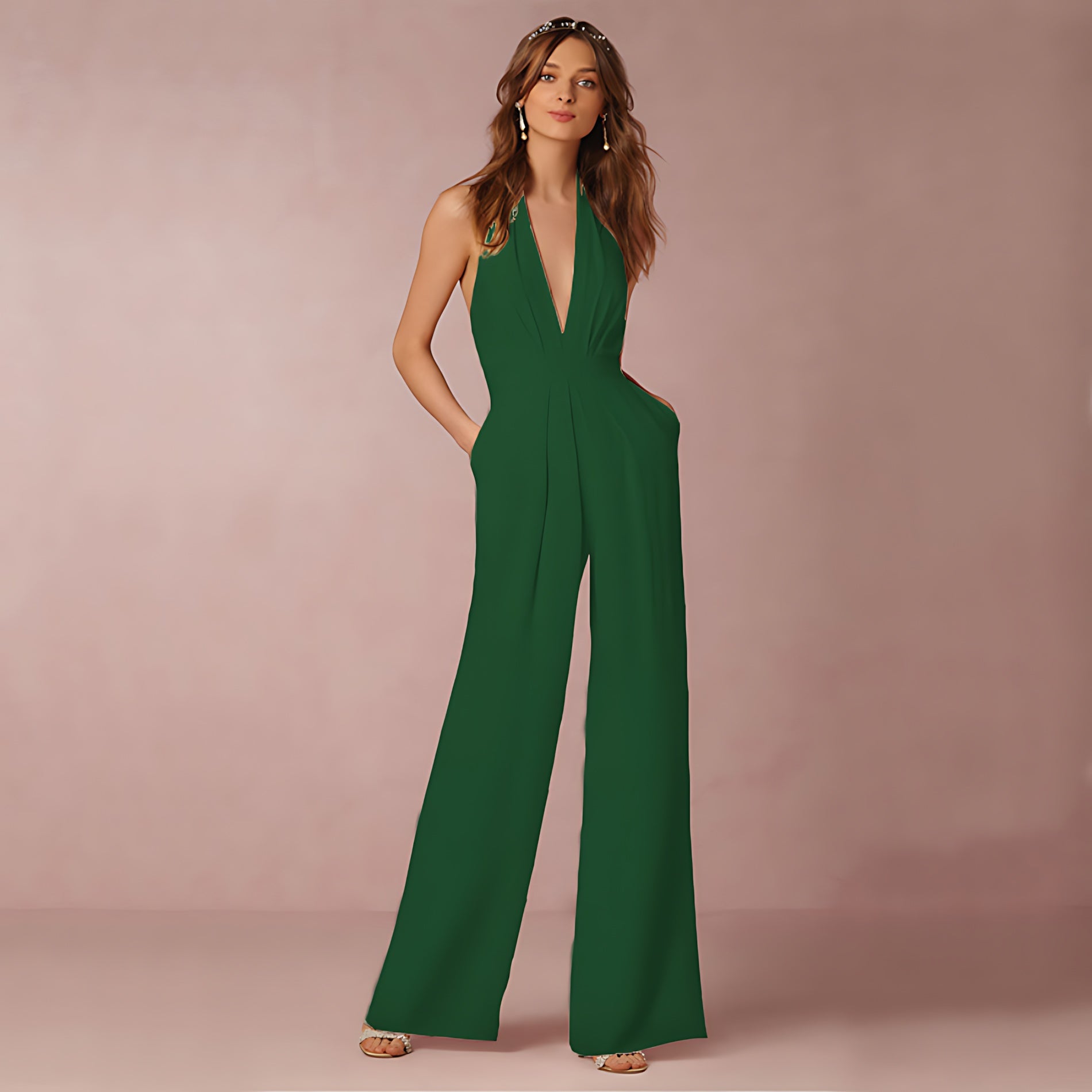 Hailey – Halter Deep V Neck Wide Leg Formal Jumpsuit