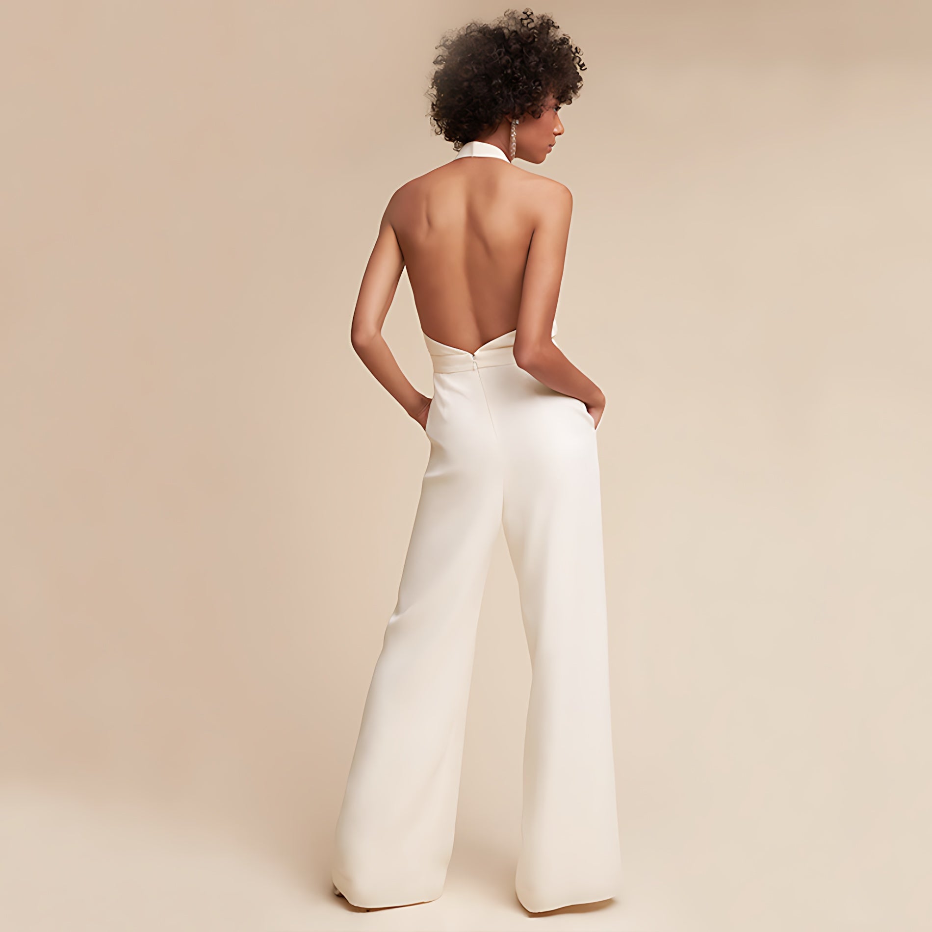 Hailey – Halter Deep V Neck Wide Leg Formal Jumpsuit