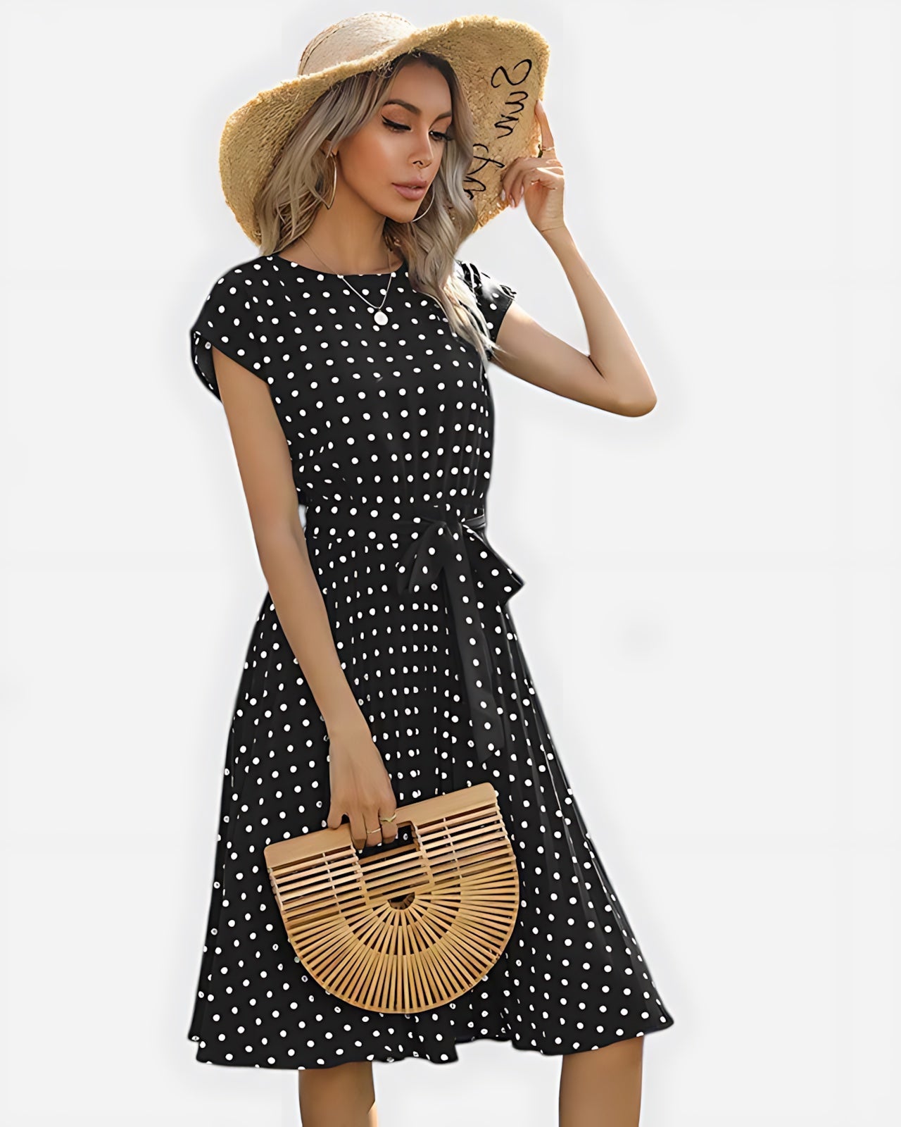 Hailey – Polka Dot Cap Sleeve Flowy Midi Dress