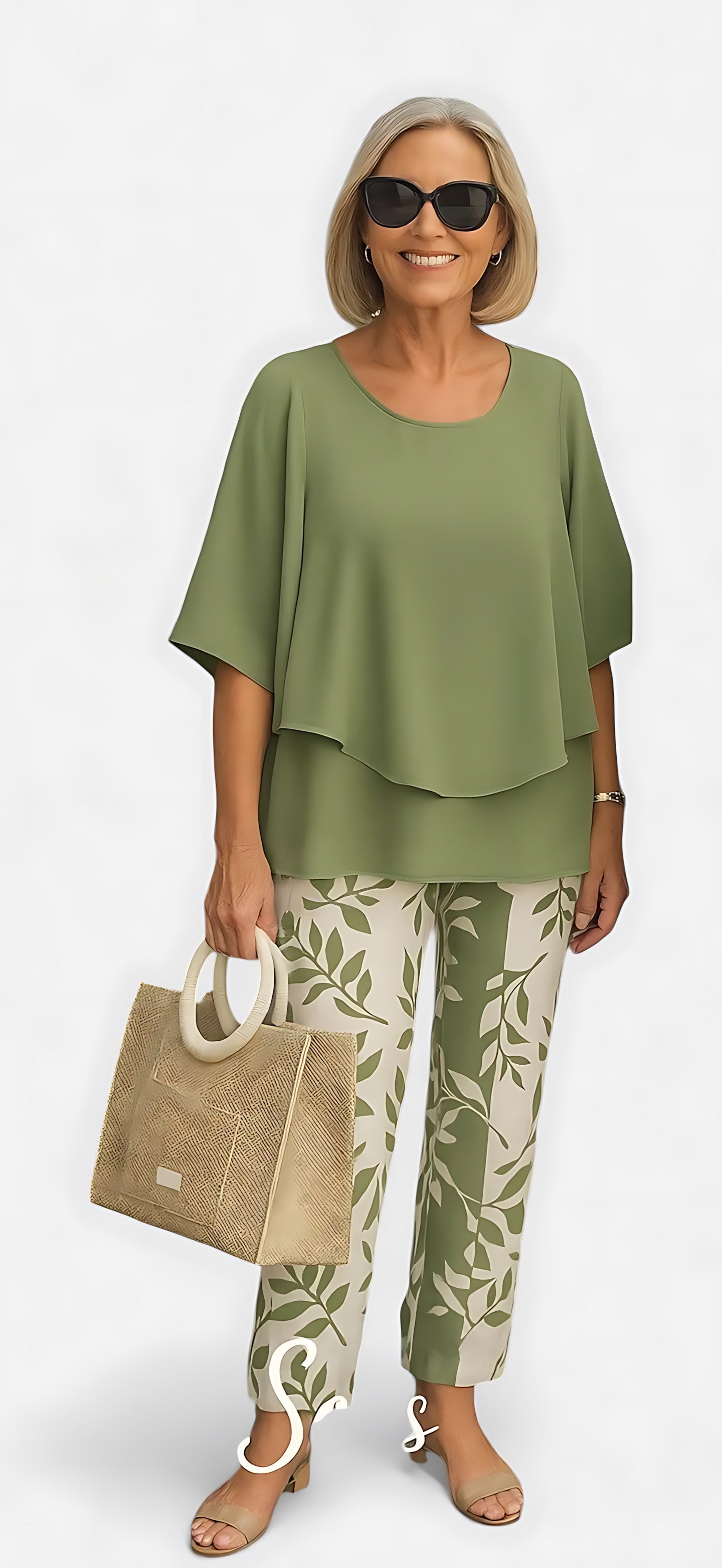Hailey – Short Sleeve Top and Leaf Print Pants Set