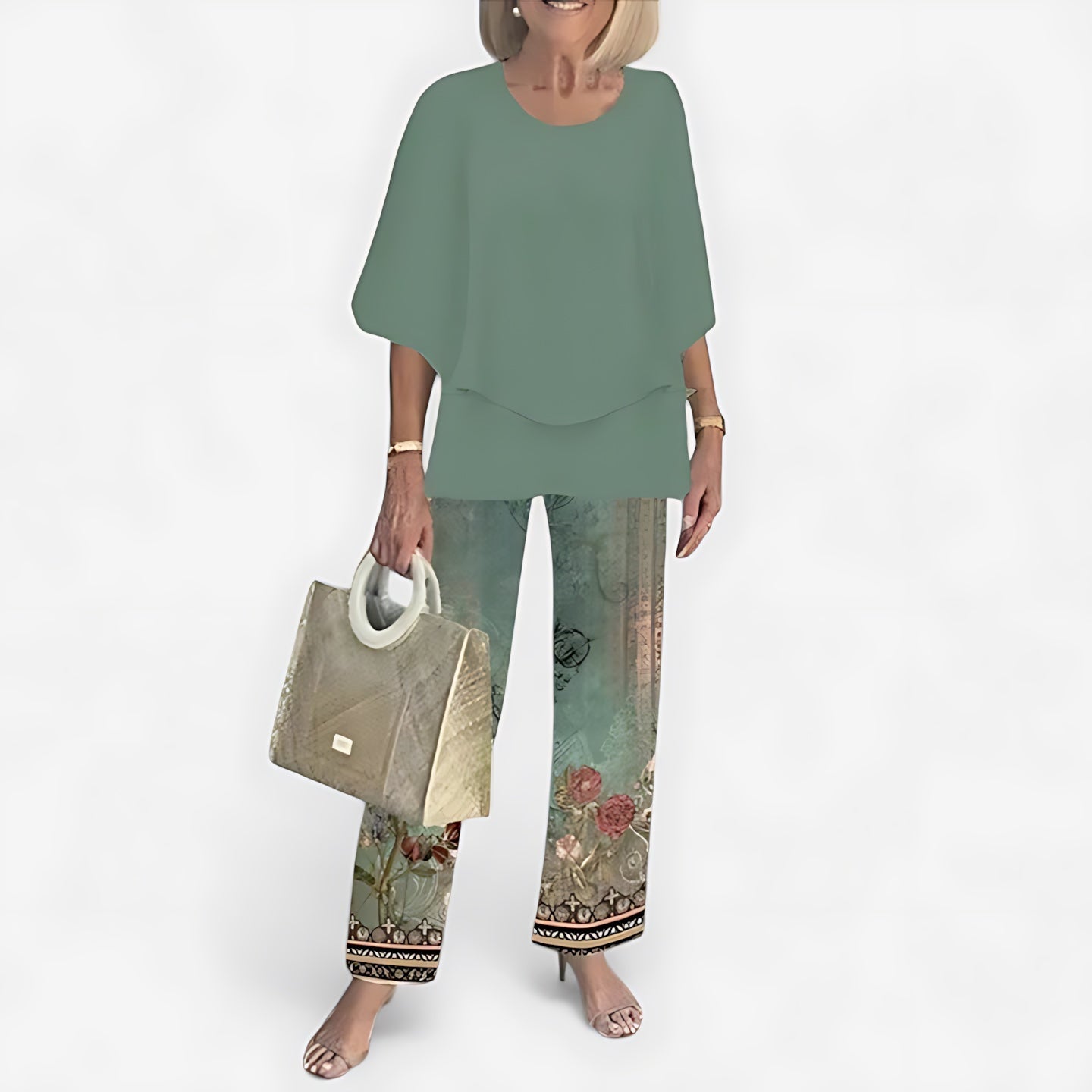 Hailey – Short Sleeve Top and Leaf Print Pants Set