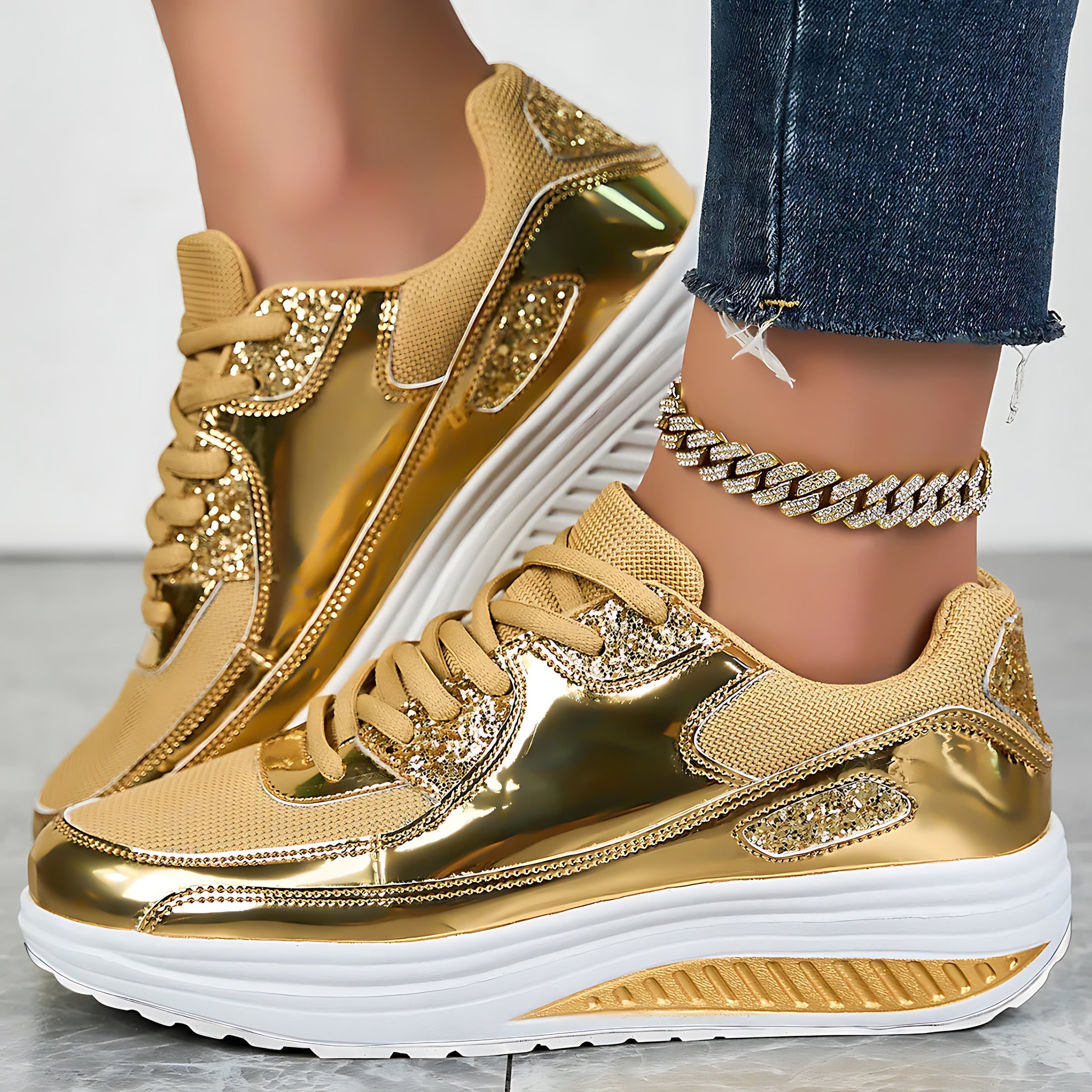 Hannah – Metallic Rhinestone Lace Up Platform Sneakers