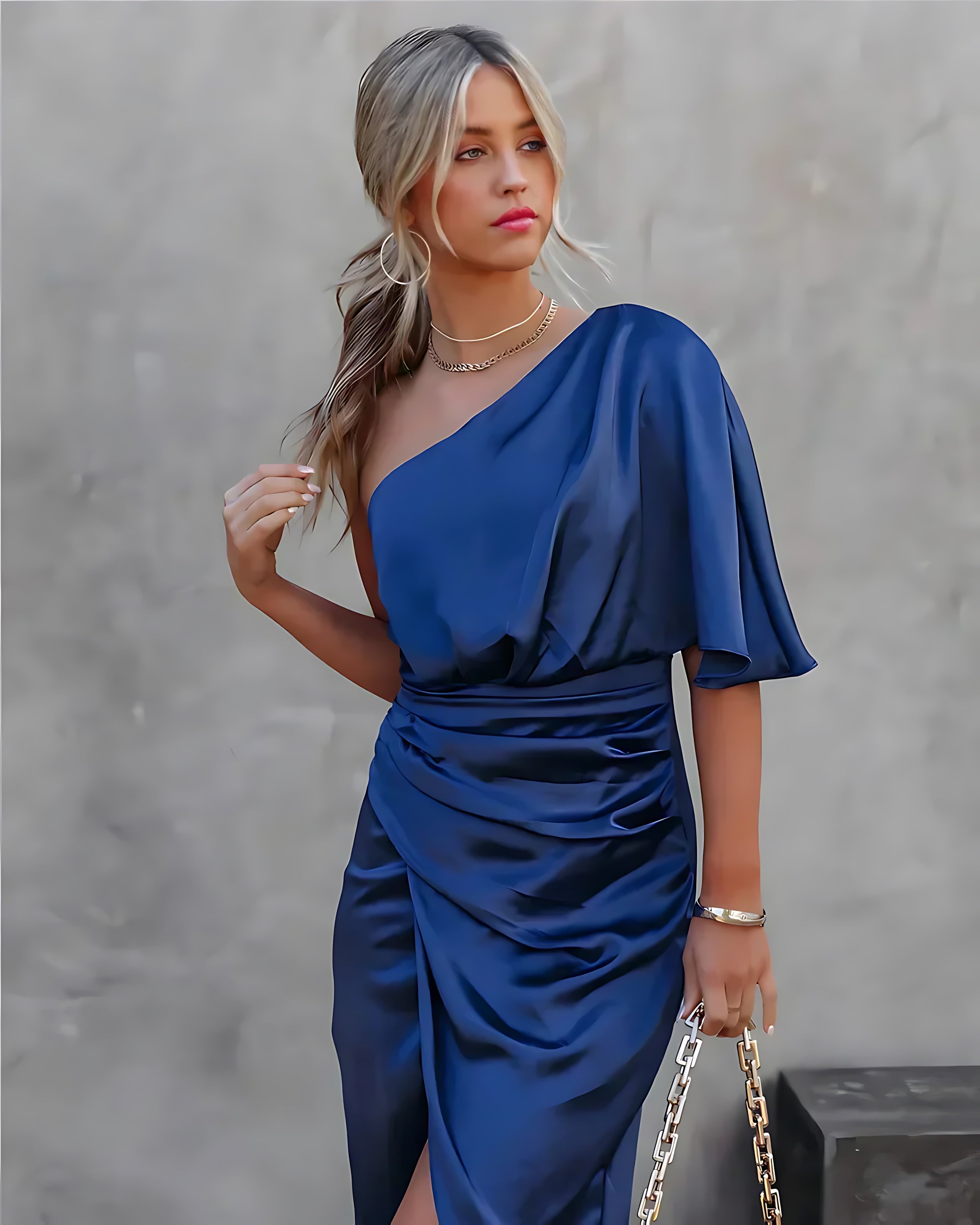 Harmony – Satin One Shoulder Ruched Cocktail Midi Dress