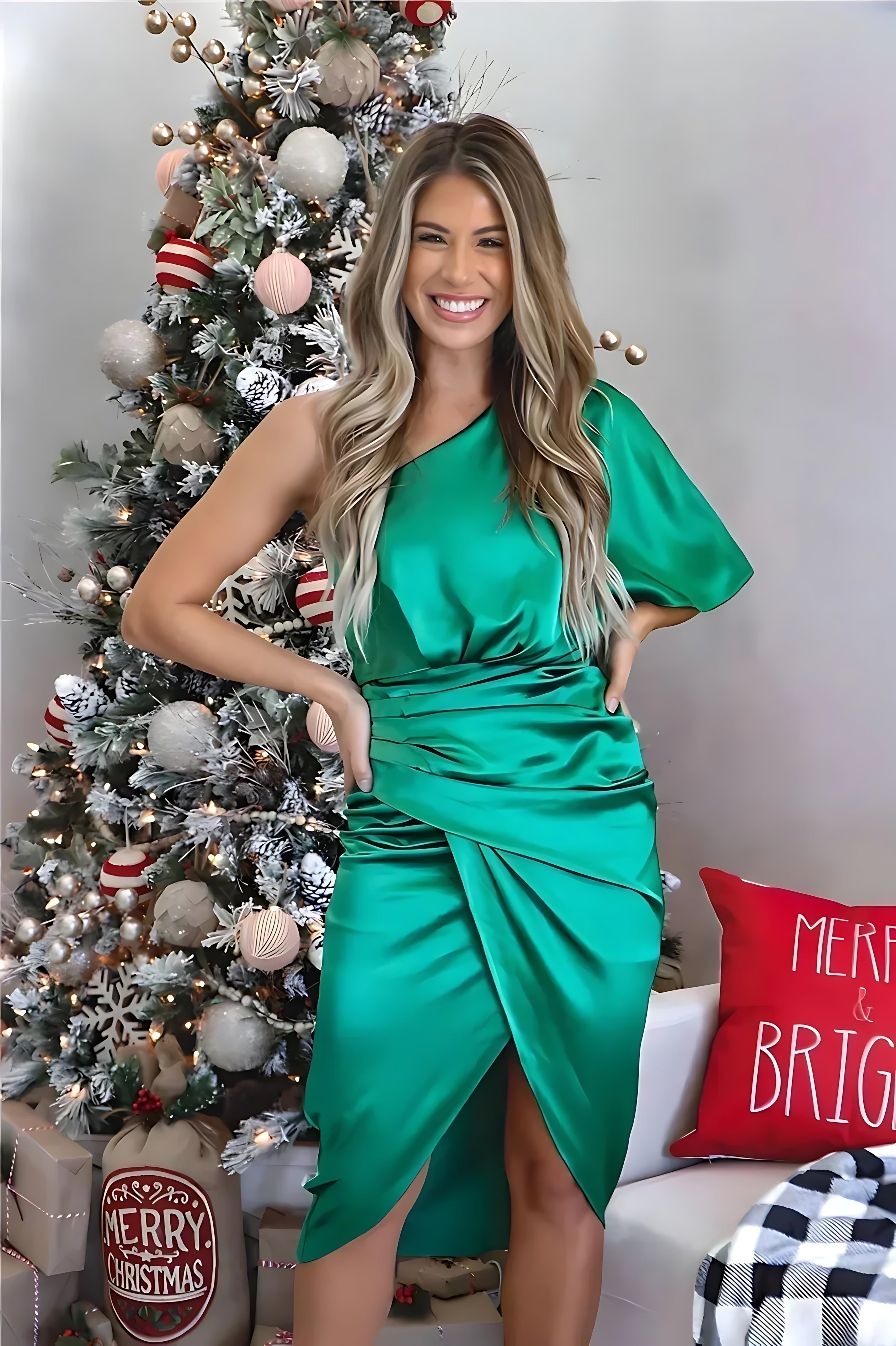 Harmony – Satin One Shoulder Ruched Cocktail Midi Dress