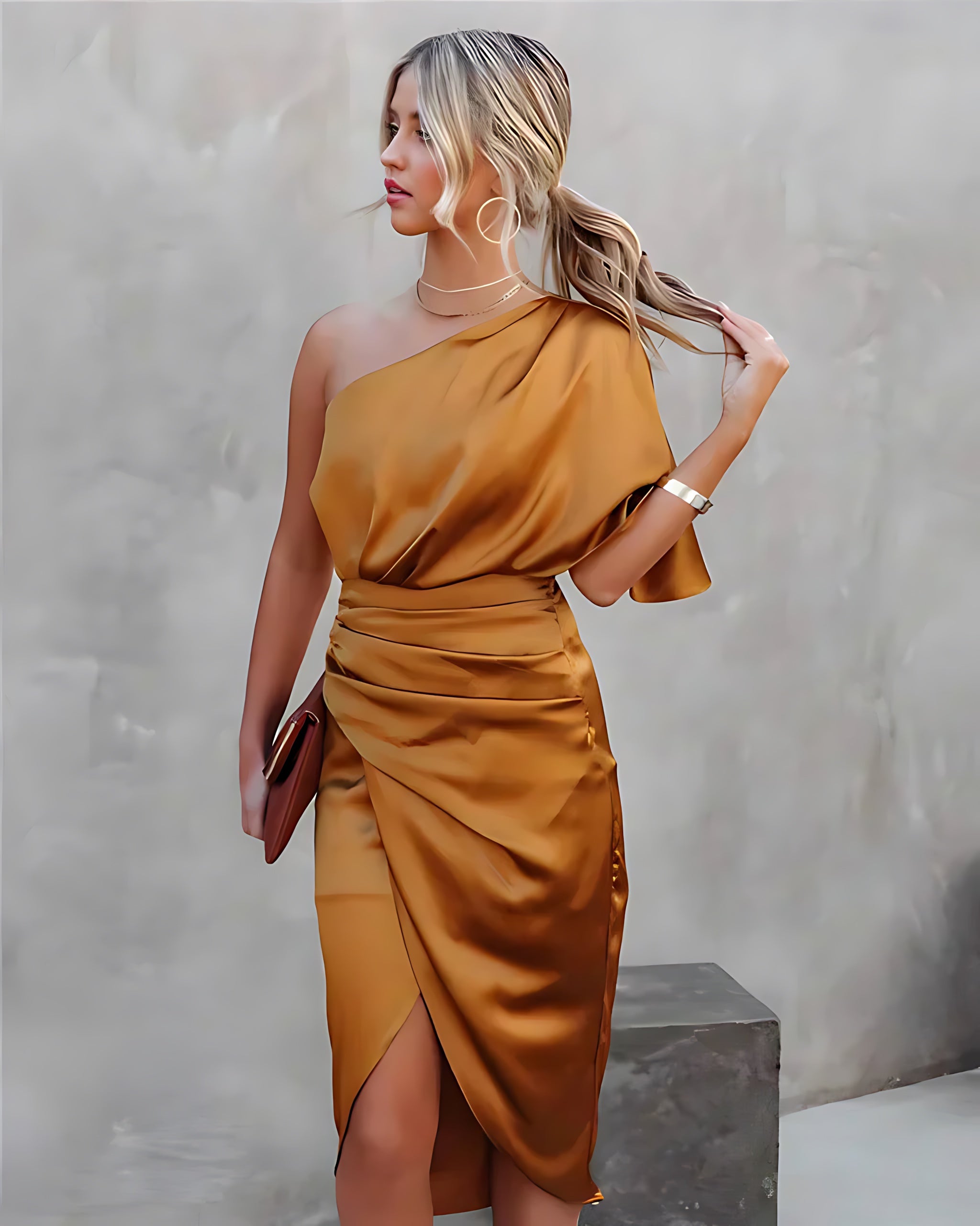 Harmony – Satin One Shoulder Ruched Cocktail Midi Dress