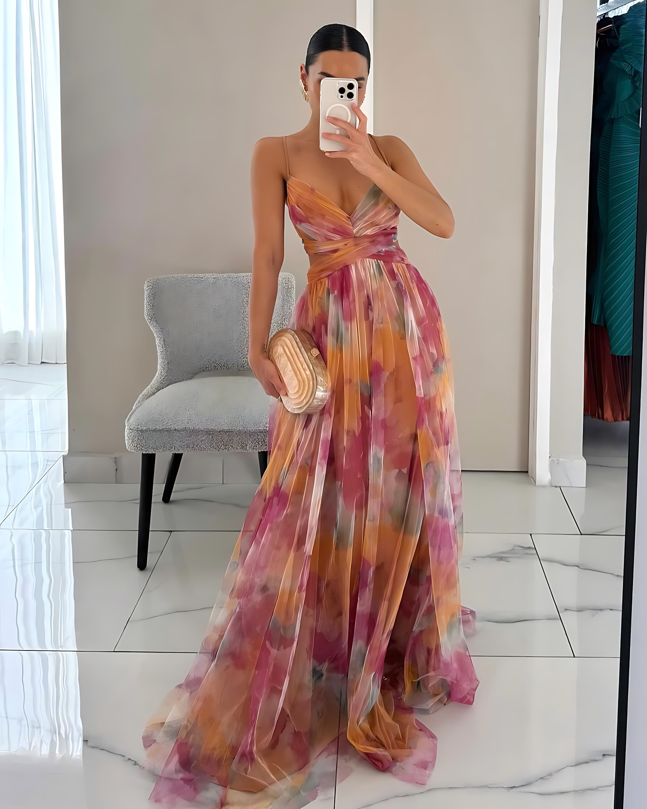 Harper – Floral Print Plunge Neck Evening Maxi Dress