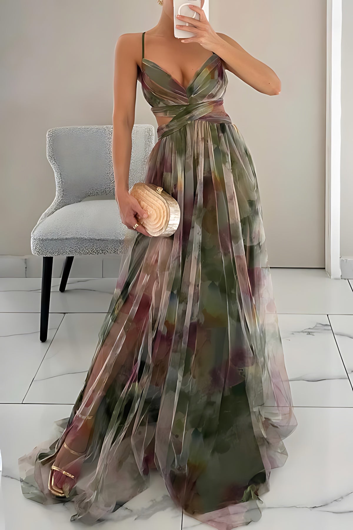 Harper – Floral Print Plunge Neck Evening Maxi Dress