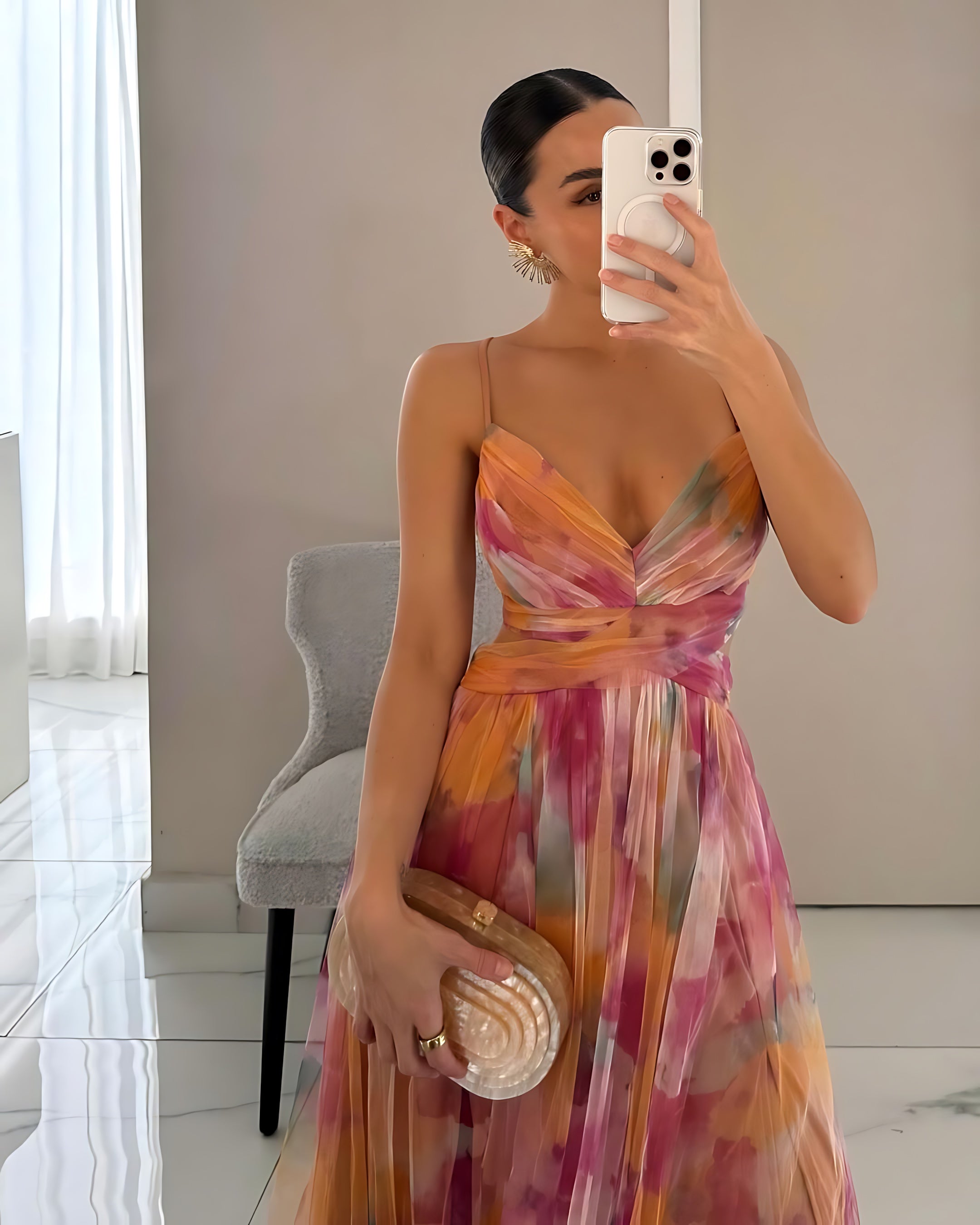 Harper – Floral Print Plunge Neck Evening Maxi Dress