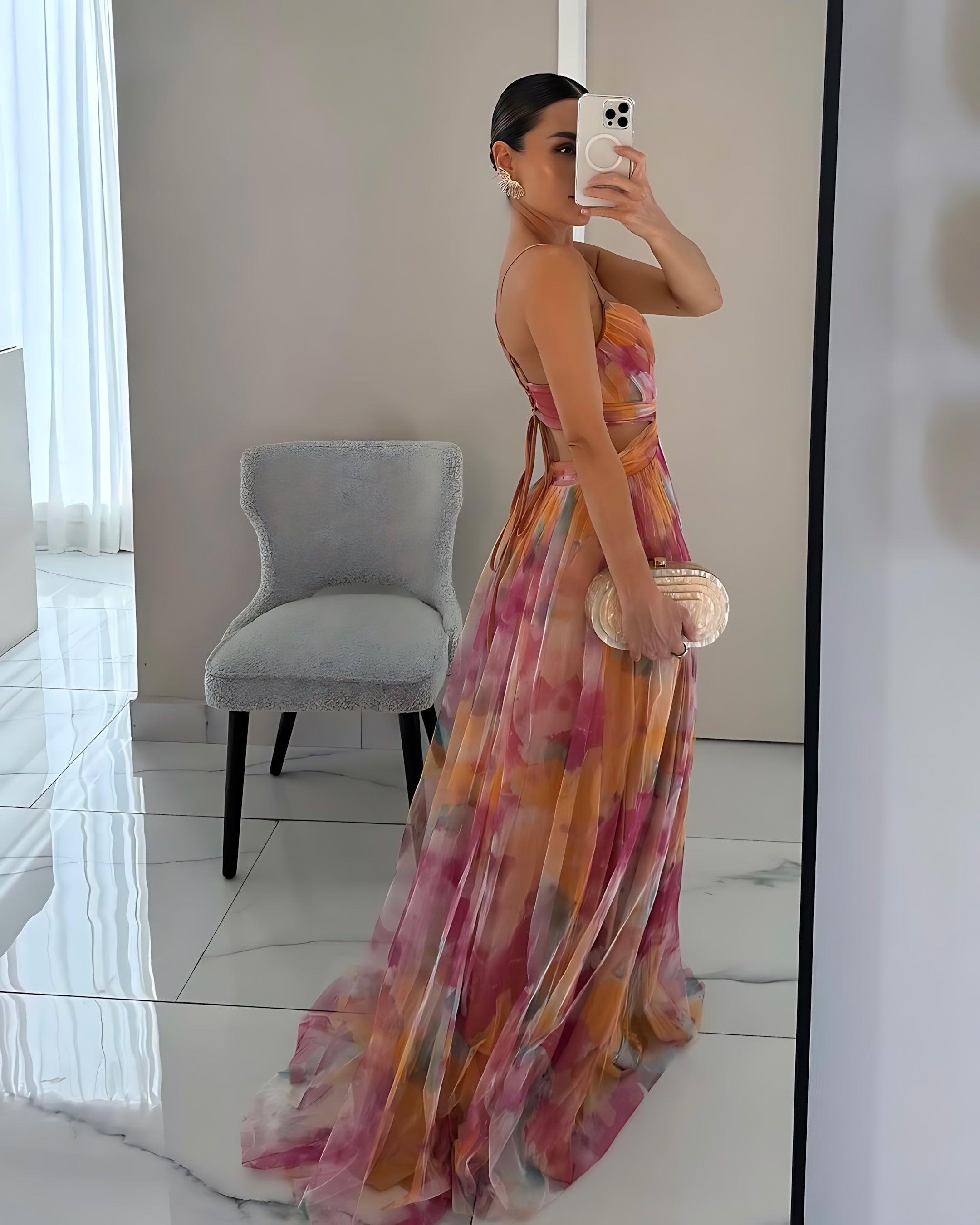 Harper – Floral Print Plunge Neck Evening Maxi Dress