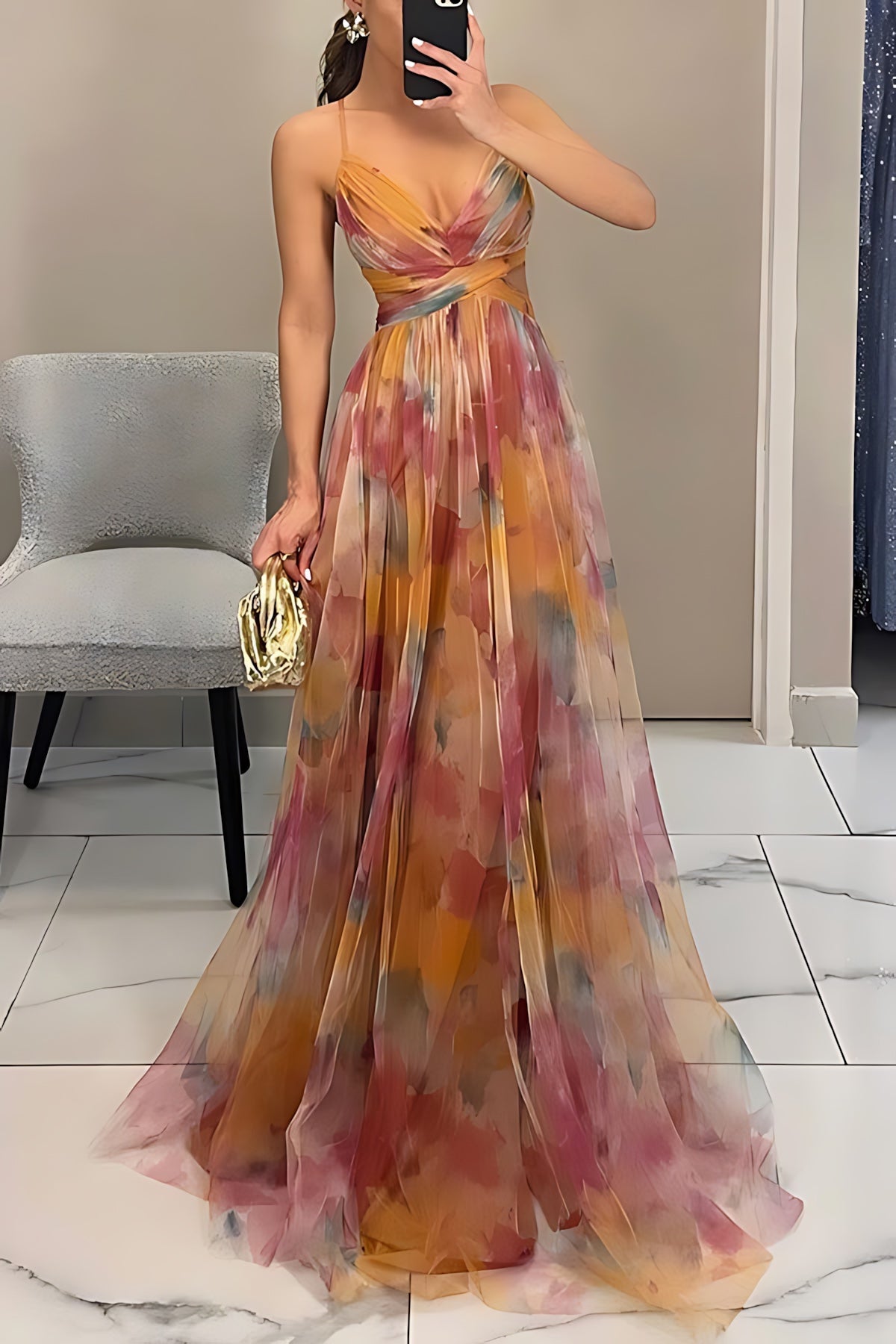 Harper – Floral Print Plunge Neck Evening Maxi Dress