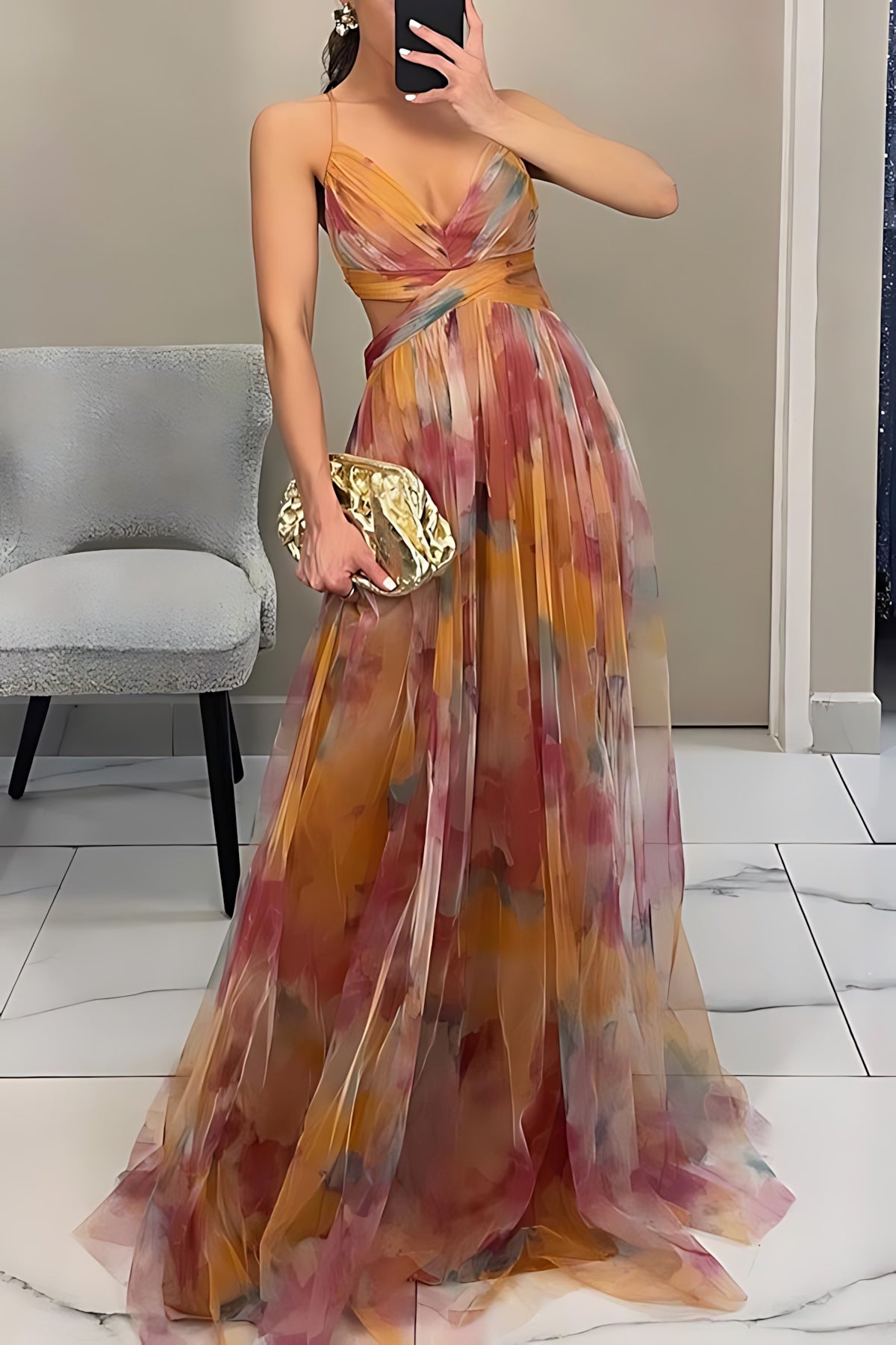 Harper – Floral Print Plunge Neck Evening Maxi Dress