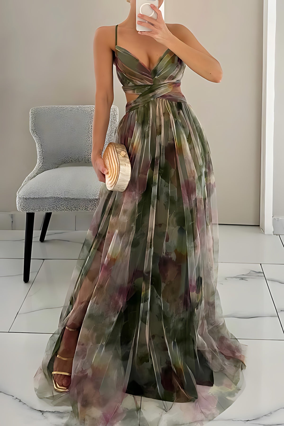 Harper – Floral Print Plunge Neck Evening Maxi Dress